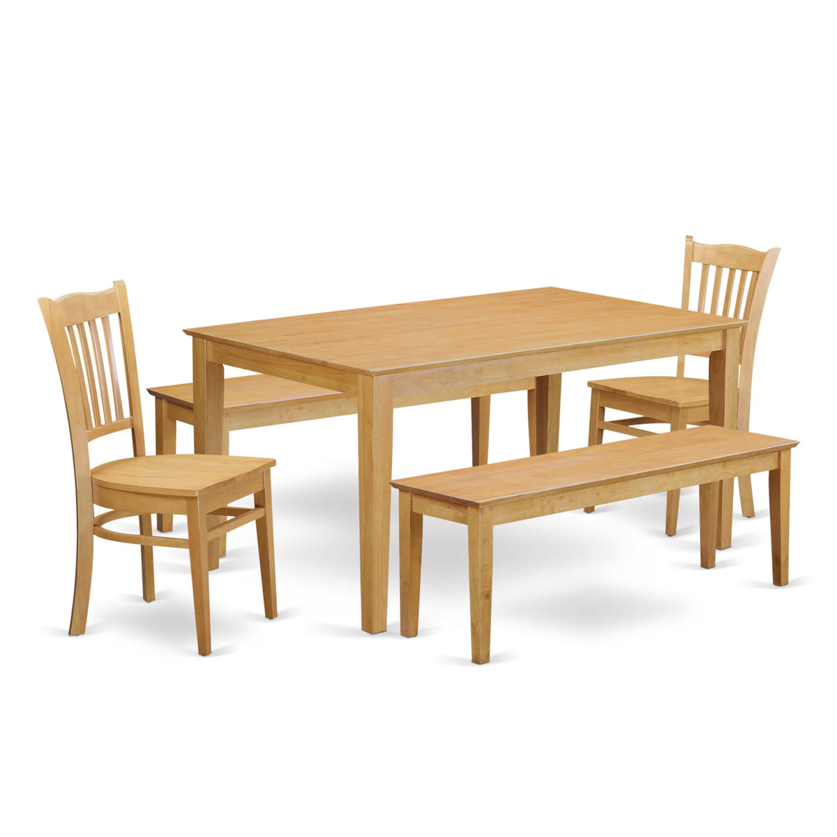East West Furniture CAGR5C-OAK-W 5 Piece Kitchen Table & Chairs Set Includes a Rectangle Dining Room Table and 2 Dining Chairs with 2 Benches, 36x60 Inch, Oak