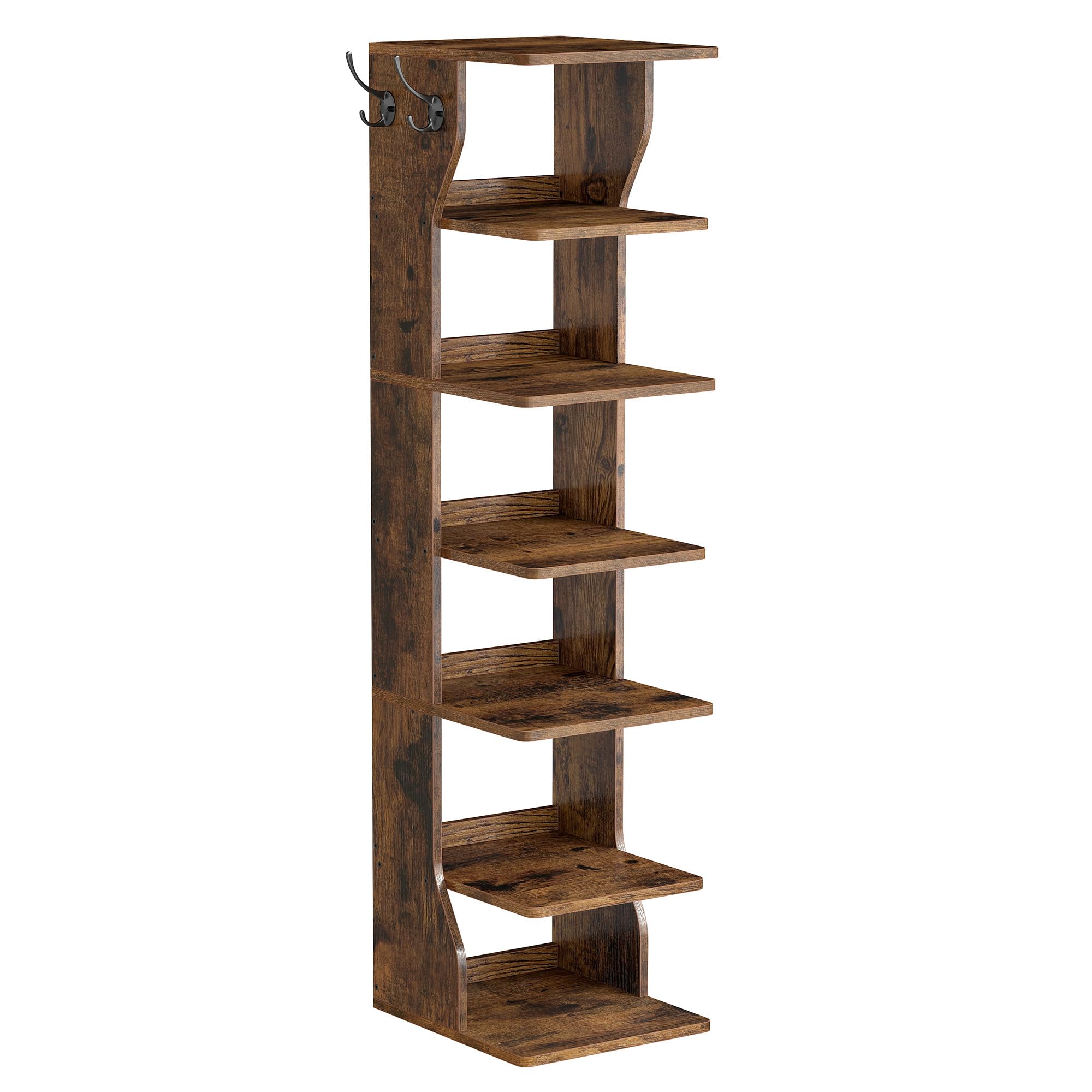 VASAGLE 7-Tier Vertical Shoe Rack, Narrow Shoe Storage Organizer with Hooks, Slim Corner Tower Shelf, Space-Saving for Entryway 