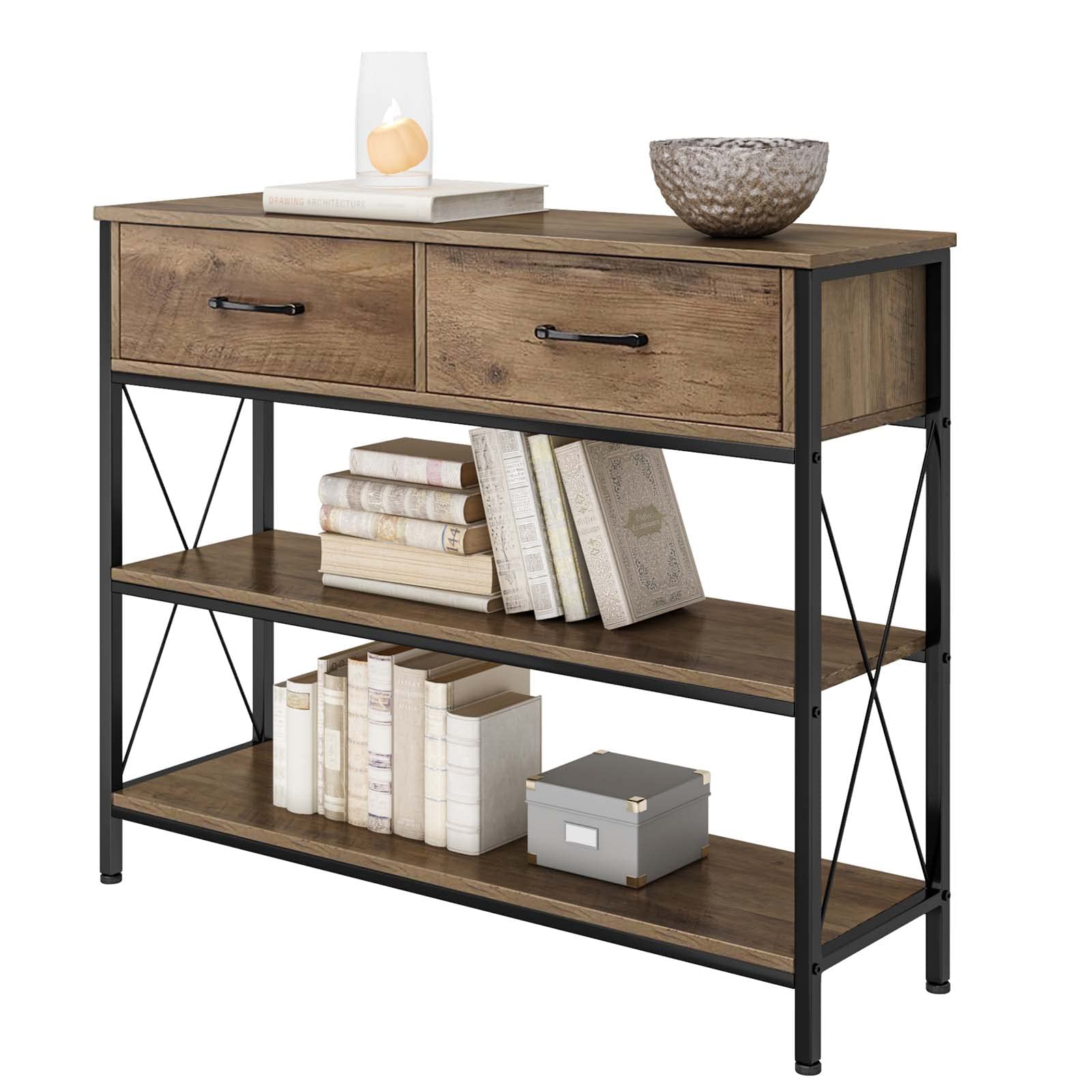 Hithos Industrial Console Table With Drawers, Vintage Hallway Foyer Table With Storage Shelves, Narrow Long Sofa Entryway Table For Living Room, Rustic Brown