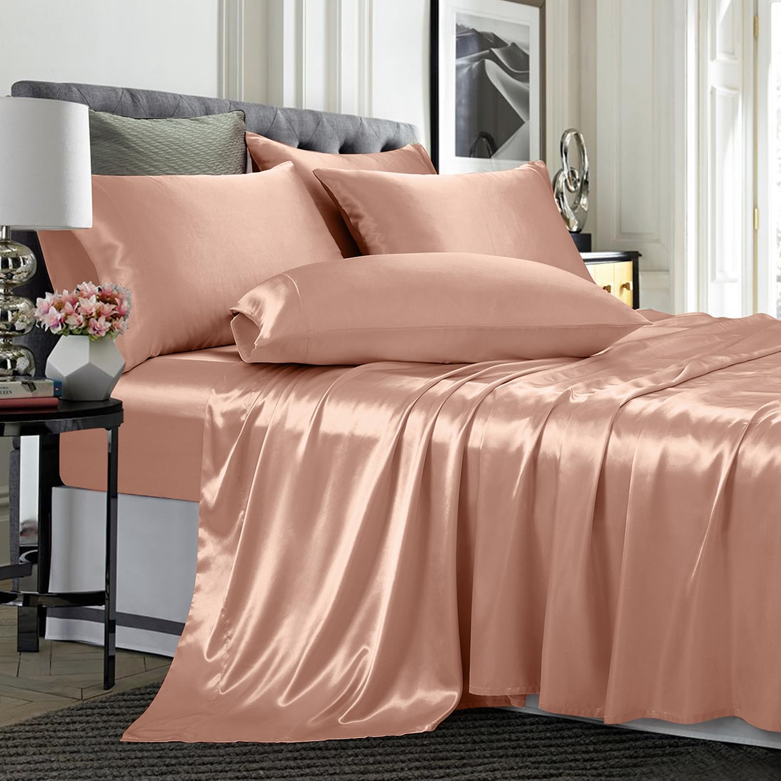 TREELY 6 Piece Satin Sheets Full Size Silky Smooth Champagne Satin Sheet Set with Deep Pocket, Satin Fitted Sheet, Flat Sheet, 4