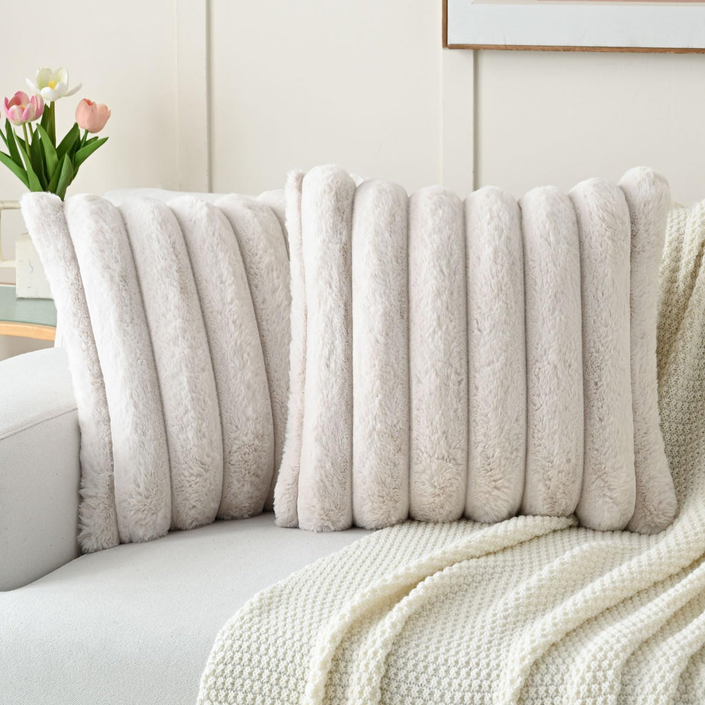 Futei Beige Decorative Throw Pillow Covers 16X16 Inch Set Of 2, Square Soft Faux Rabbit Fur Big Striped Cushion Cover,Home Decor