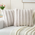 Futei Beige Decorative Throw Pillow Covers 16X16 Inch Set Of 2, Square Soft Faux Rabbit Fur Big Striped Cushion Cover,Home Decor