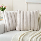 Futei Beige Decorative Throw Pillow Covers 16X16 Inch Set Of 2, Square Soft Faux Rabbit Fur Big Striped Cushion Cover,Home Decor