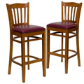 2 Pk. Cherry Finished Vertical Slat Back Wooden Barstool - Burgundy Vinyl Seat