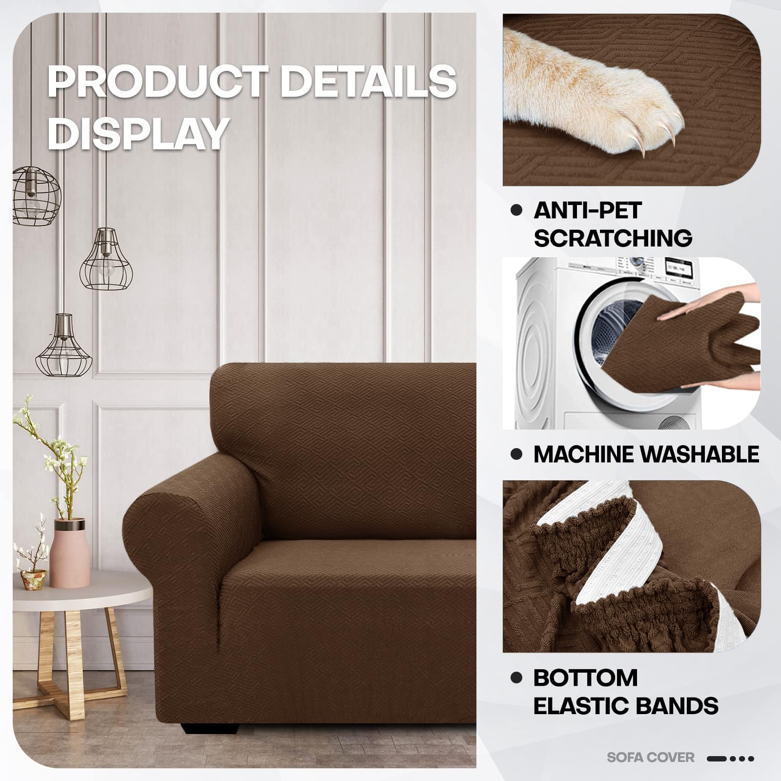 Znsayotx 1 Piece Jacquard Couch Covers For 3 Cushion Couch Living Room High Stretch Sofa Cover Pets Dogs Friendly Anti Slip Thickened Slipcovers Furniture Protector (Large, New Pattern Coffee)