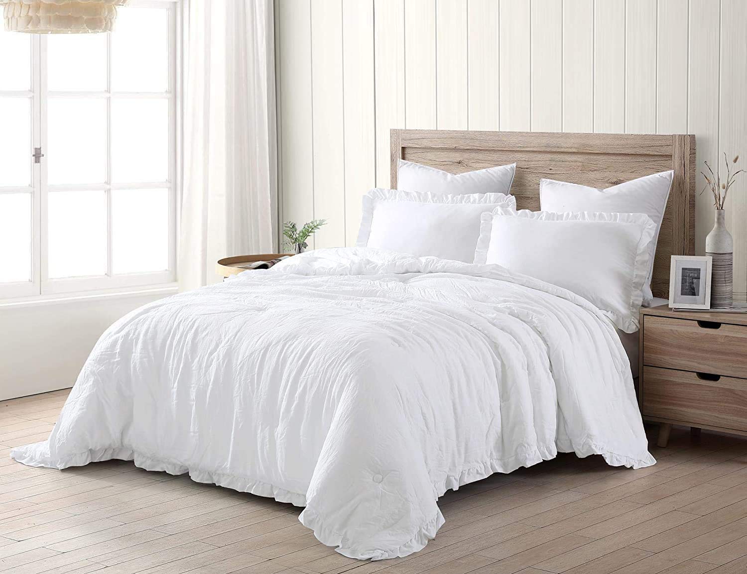 Chezmoi Collection Nora 3-Piece Ruffled Edge Trim Soft Washed Microfiber Comforter Set (King, White)