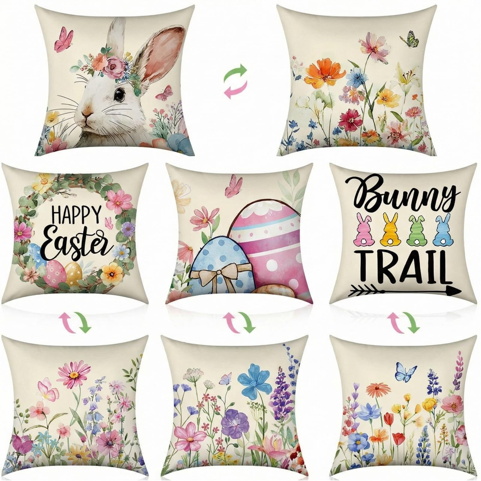 FuWeave 4 Pcs Double Sided Easter Spring Pillow Covers 18 x 18 Inch Bunny Egg Pillow Covers Flower Farmhouse Decorative Cushion 