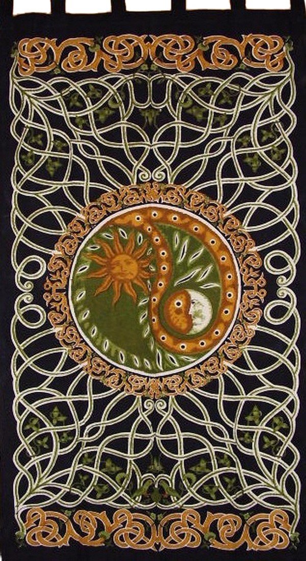 India Arts Celtic Yin Yang Tab Top Curtain Drape Panel Cotton 44 x 88 Green