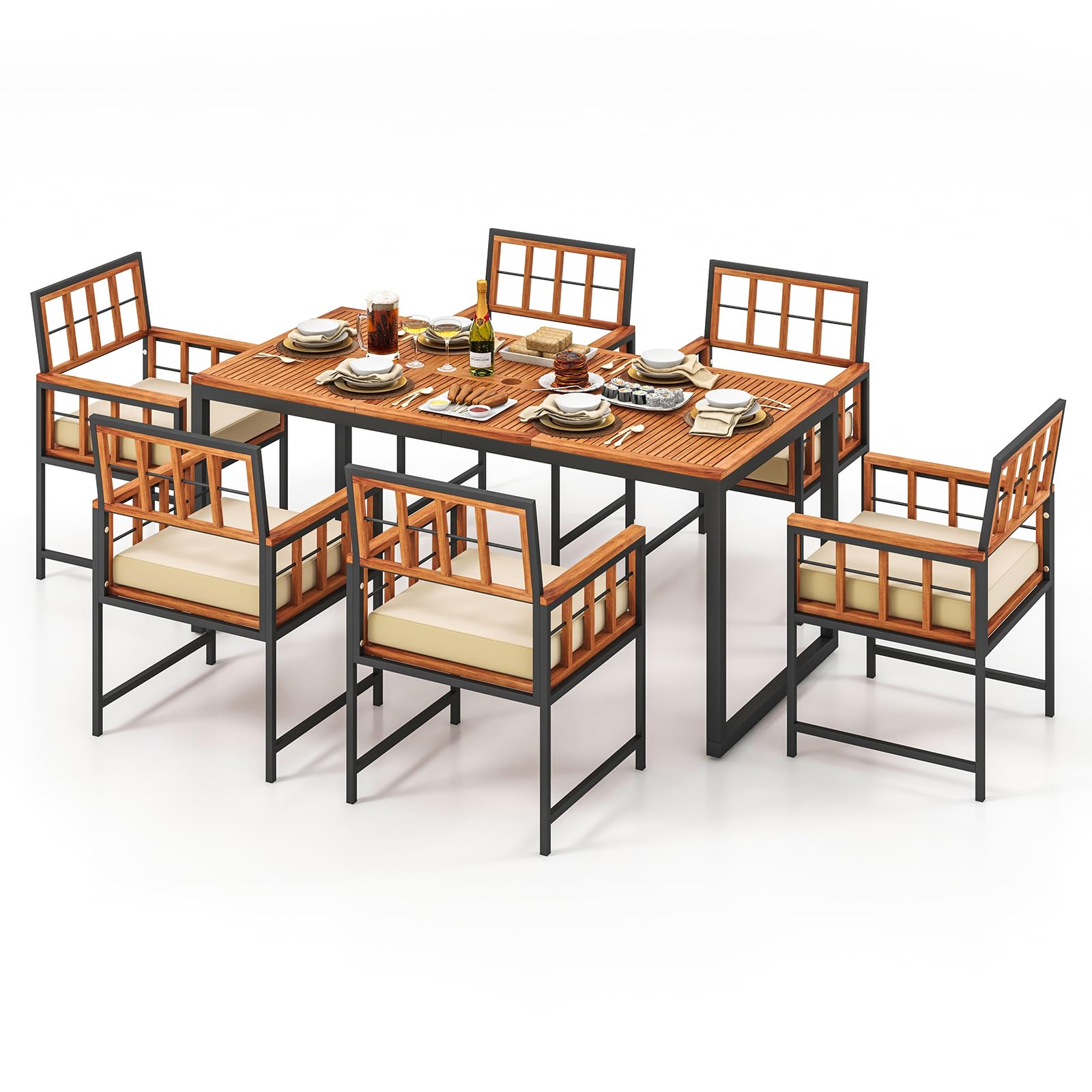 Tangkula 7 Pieces Patio Dining Set, Outdoor Acacia Wood Table And Chairs With Soft Cushions And 1.96” Umbrella Hole For Backyard, Garden, Poolside (Beige)