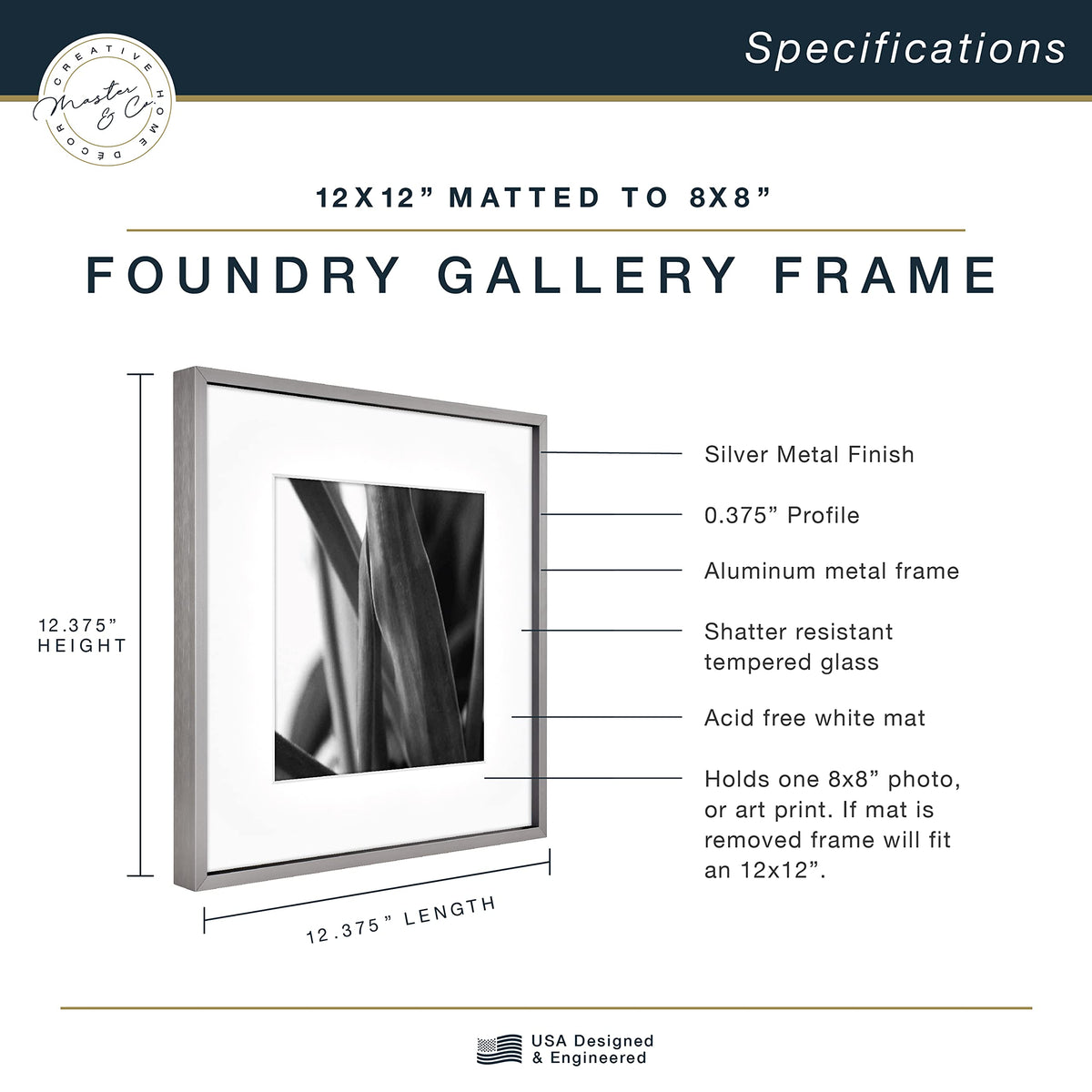 Mcs Master & Co. Foundry Metal Gallery Wall Frame, Dark Silver, 12 X 12 In Matted To 8 X 8 In