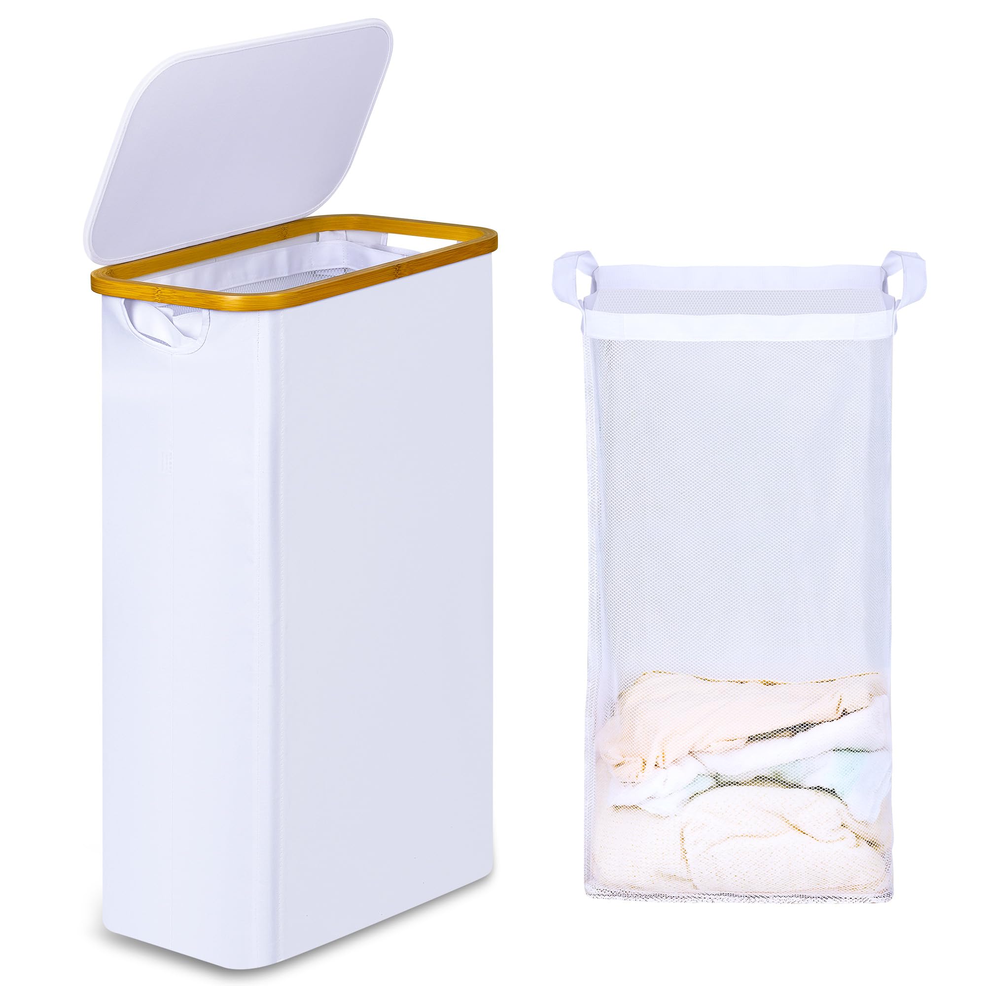 iEGrow 60L Slim Laundry Hamper, Narrow Laundry Basket with Lid,Foldable Clothes Hamper with Bamboo Handles,Hamper Basket with Re
