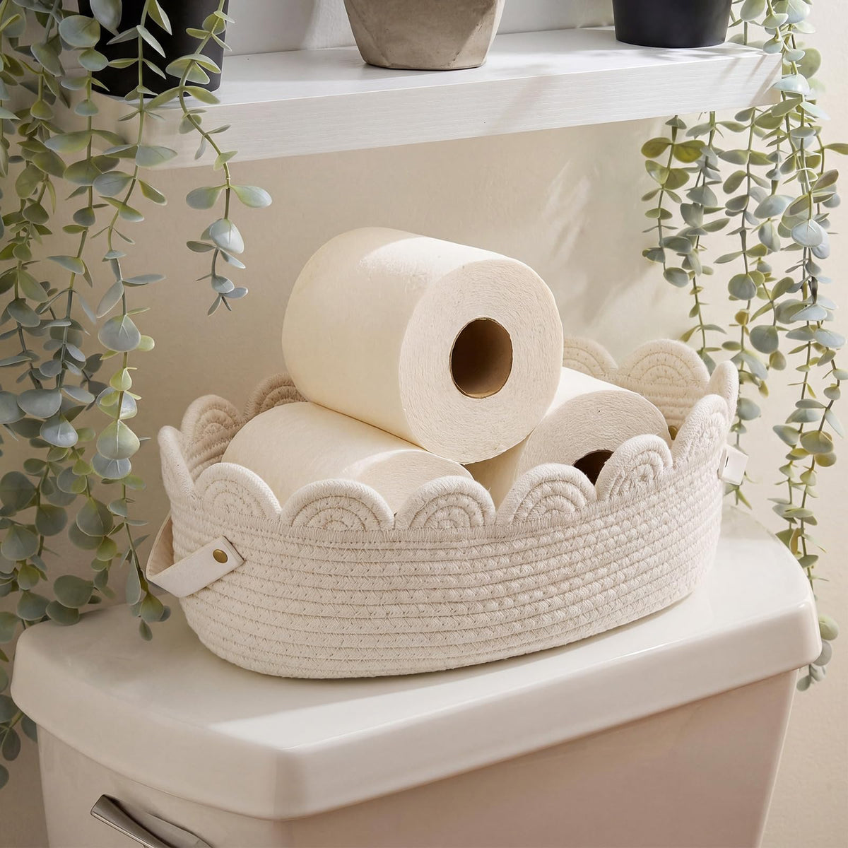 Ferrochef 13 Inch Toilet Paper Basket Boho Cotton Rope Bathroom Storage Organizer with Handle, Bathroom Decor Accessories for Be