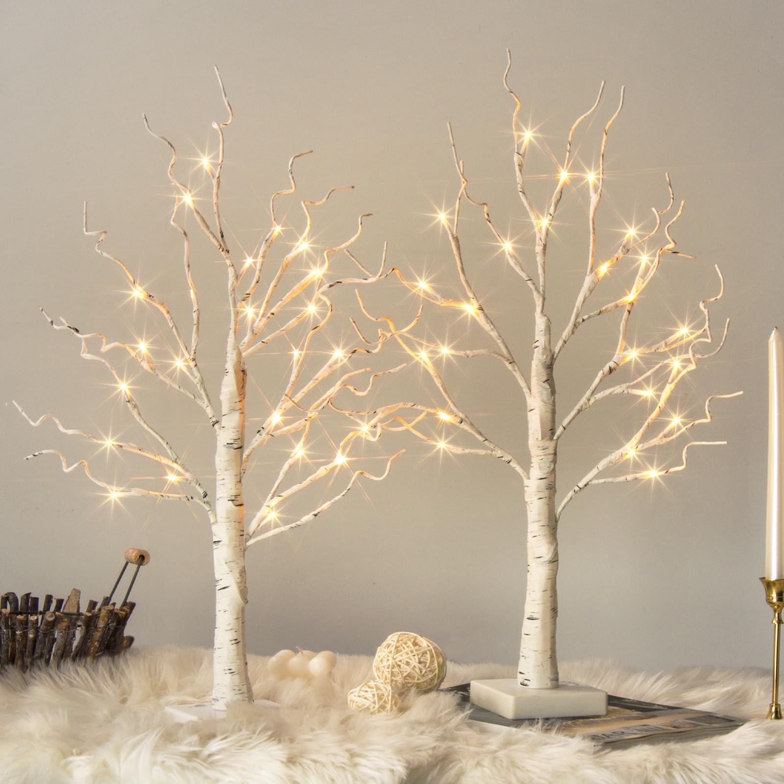 Vanthylit White Birch Tree with LED Lights - Set of 2, LED Tabletop Tree with Timer, Christmas Decorations Lighted Tree for Indo