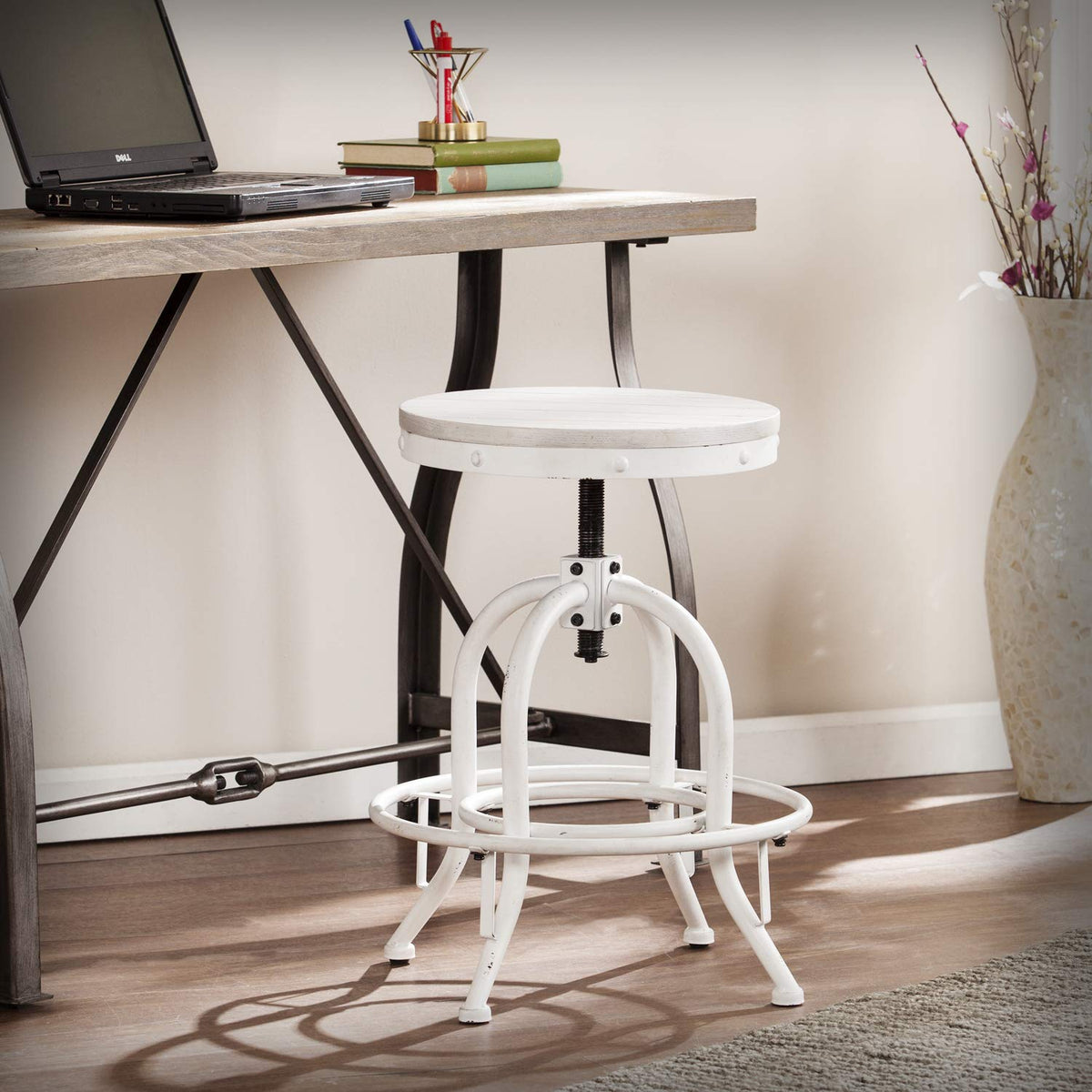 Southern Enterprises Industrial Adjustable Height Swiveling Stool, Distressed White/Whitewash Stain
