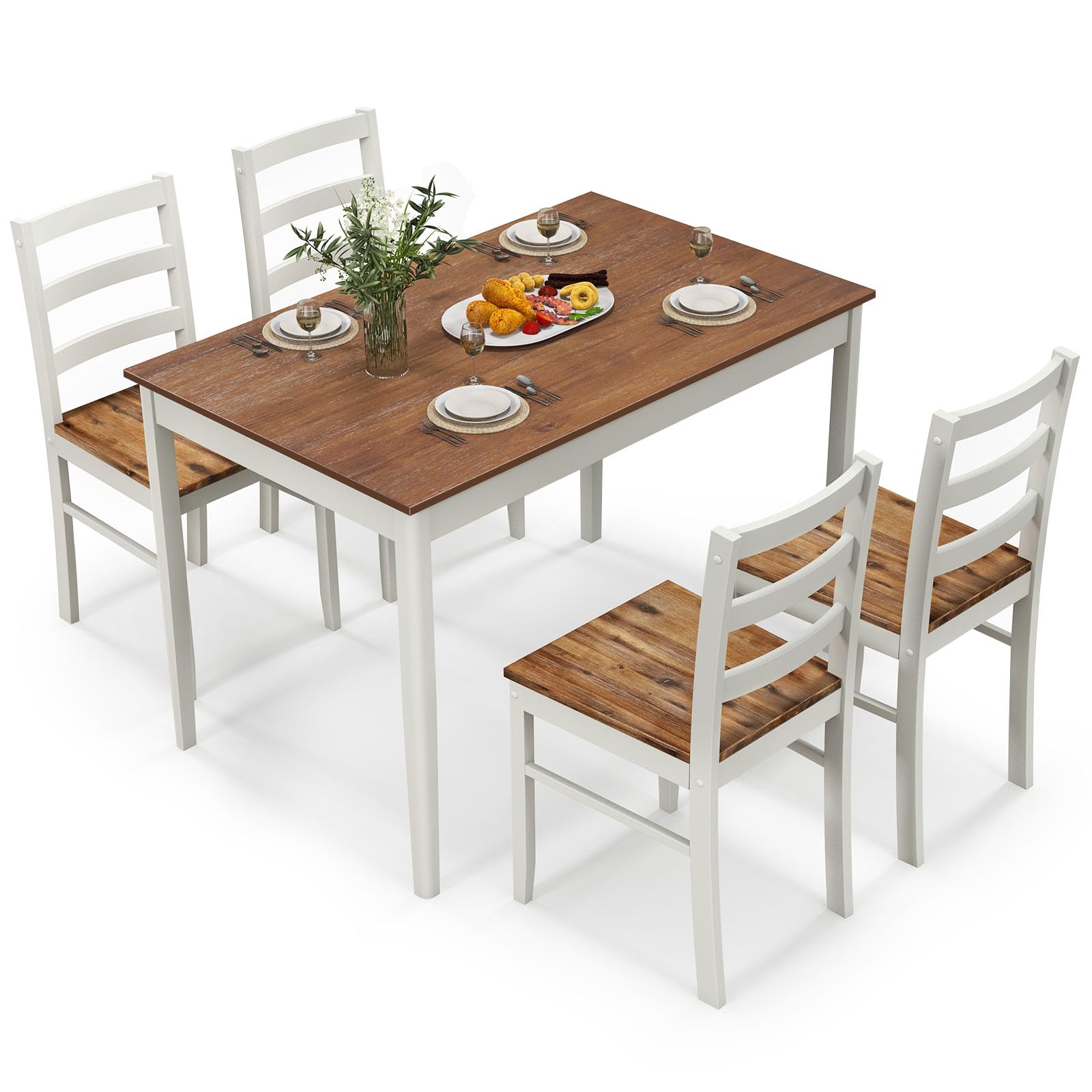 Giantex Dining Table Set for 4, Solid Wood Rectangular Table & 4 Chairs, 5 Pieces Farmhouse Dinette Set wtih Rubber Wood Legs, S