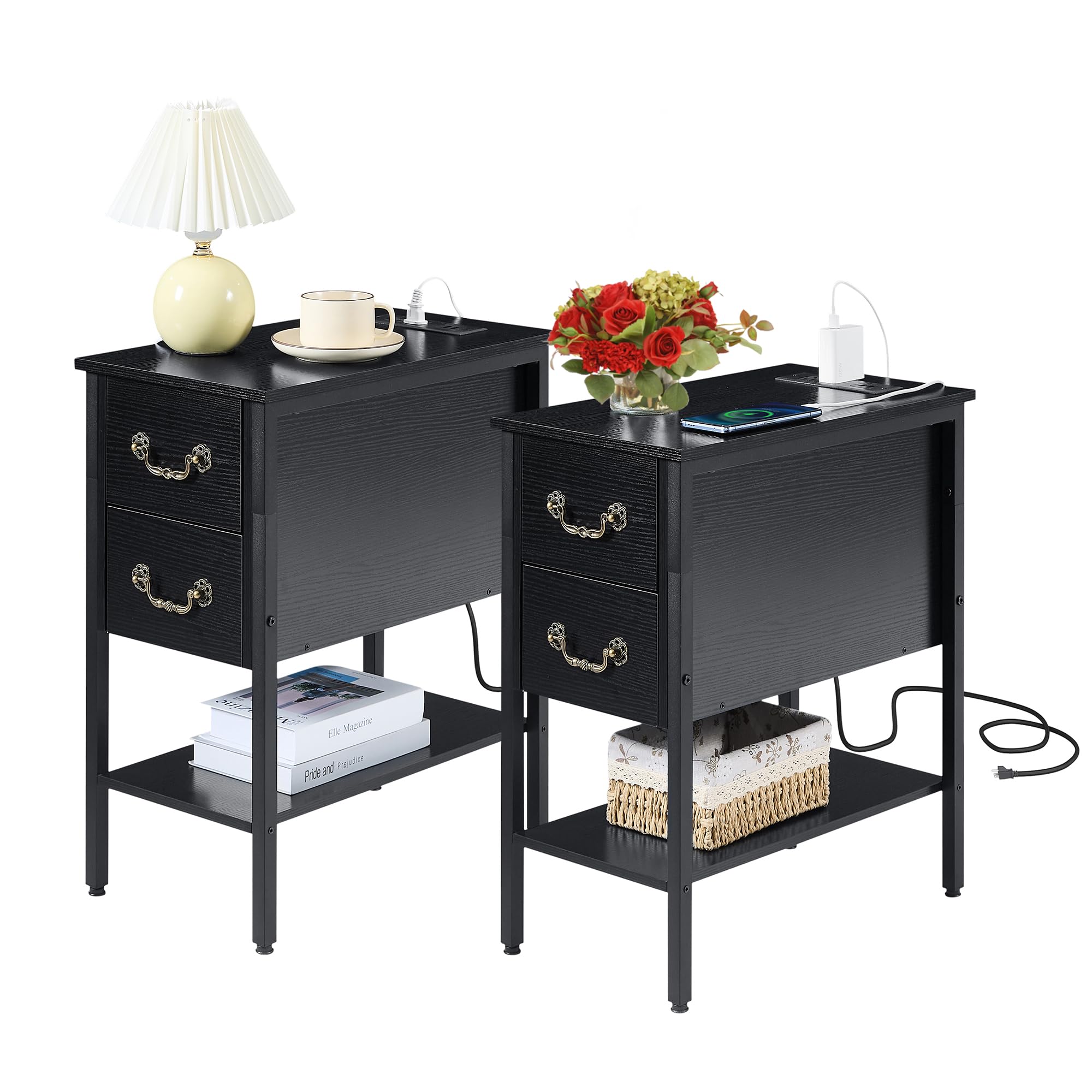 VECELO End Tables,Narrow Nightstands with Charging Station & USB Ports &Drawers,Night Stand for Living Room, Bedroom,Black