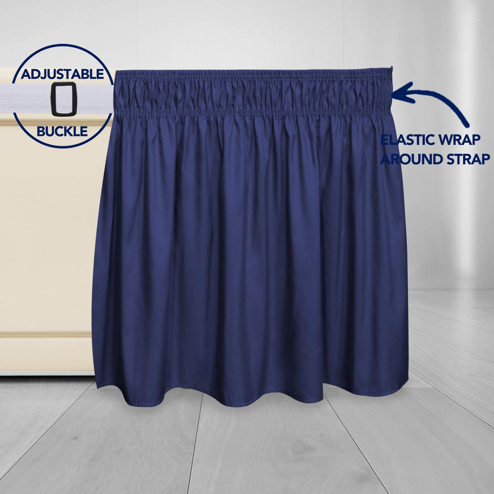 Purefit Wrap Around Ruffled Bed Skirt With Adjustable Elastic Belt - 22 Inch Drop Easy To Put On, Wrinkle Free Bedskirt Dust Ruffles, Bed Frame Cover For Queen, King And C-King Size Beds, Navy