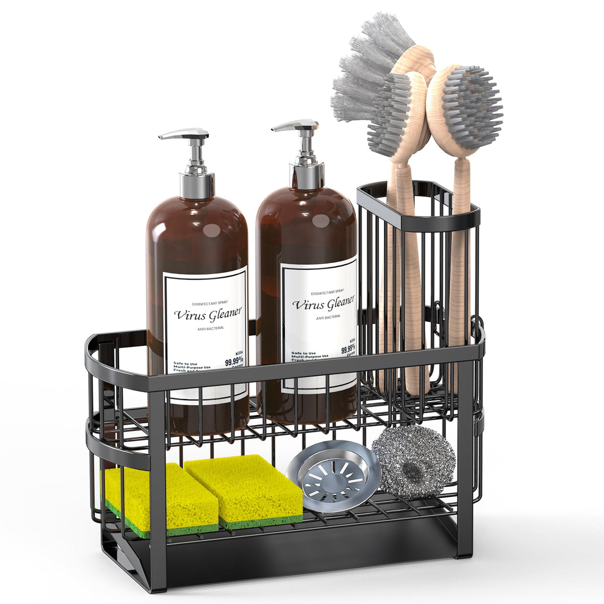 UEFFNR Kitchen Sink Organizer Caddy, 2 Tier Sink Caddy Organizer with High Brush Holder, RustProof Countertop Rack (Black 10.6 