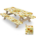Picnic Table Cover with Bench Covers Elastic Edges, 3 Pcs Sunflower Fitted Table Cover with Drawstring Bag, Waterproof Windproof