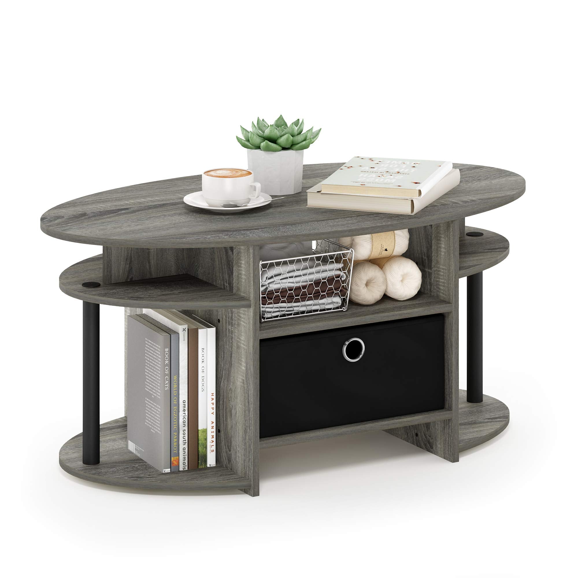 Furinno Jaya Oval Coffee Table, French Oak Grey/Black/Black