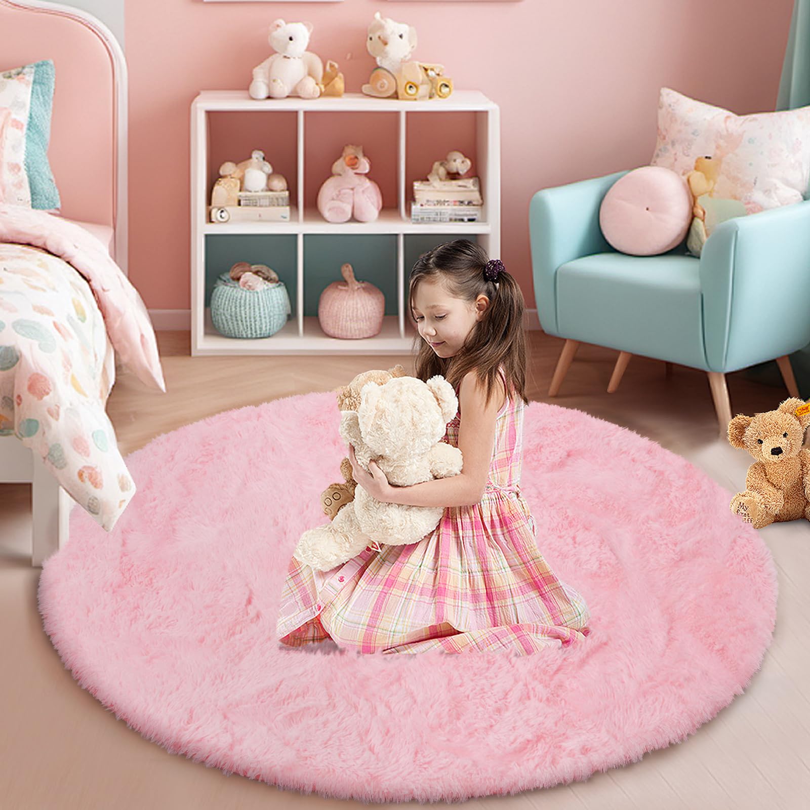 yulidayang Pink Fluffy Round Area Rugs for Bedroom,5'X5'Shag Circle Area Rugs for Girls Room,Non Slip Fuzzy Plush Rug for Kids R