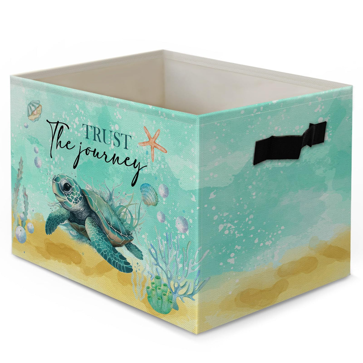 Yjeslw Coastal Beach Sea Turtle Foldable Storage Bins Box, Trust the Journey Ocean Beachy Collapsible Organizer Basket with Hand