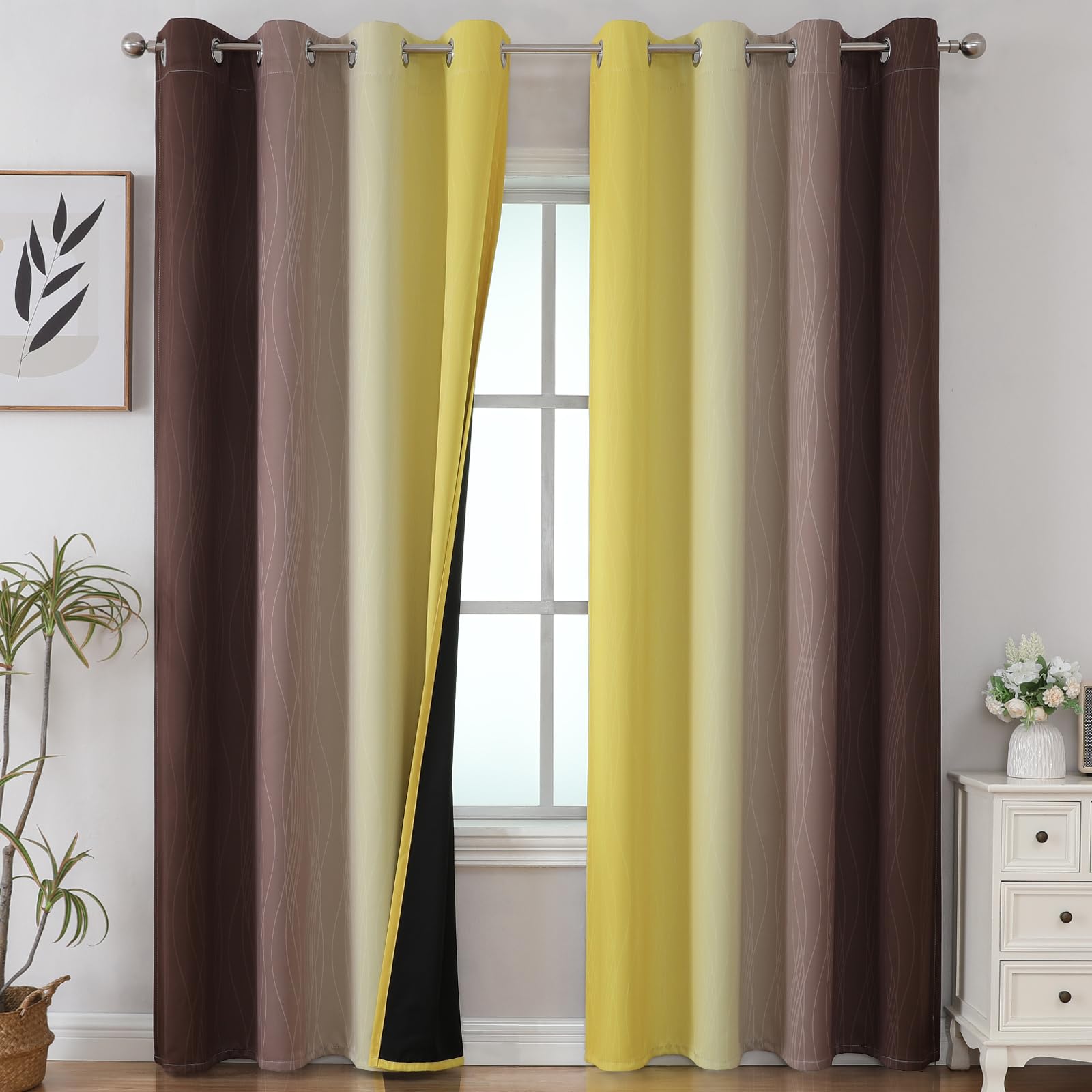 Estelar Textiler Brown And Yellow Gradient Blackout Curtains For Bedroom, Thermal Insulated Ombre Blackout Drapes, Full Light Bl