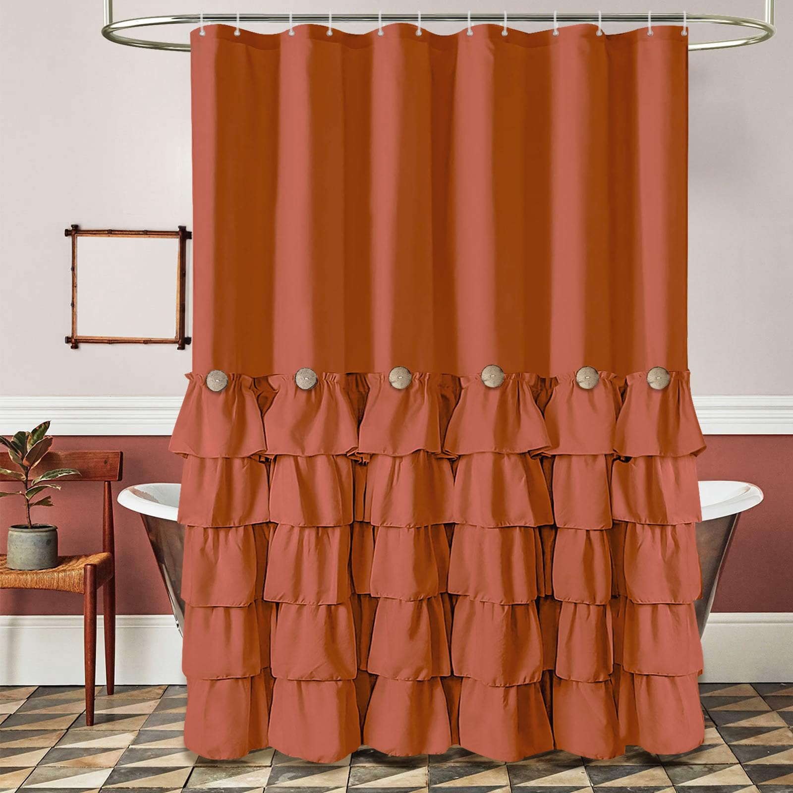 Seasonwood Orange Shower Curtain Burnt Orange Shower Curtain With Nature Buttons Ruffle Shower Curtains Farmhouse Shower Curtain