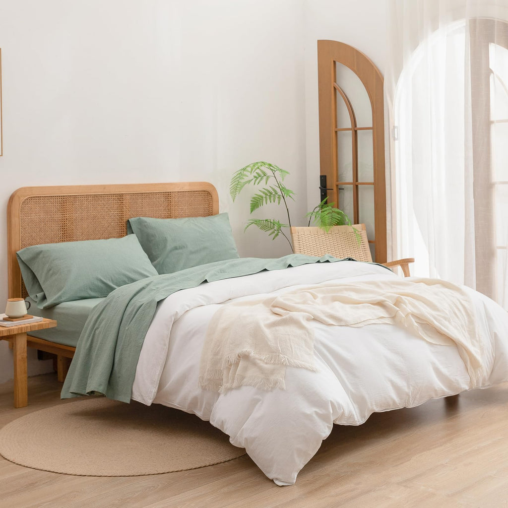 Bestouch Sheet Set 100% Washed Cotton Linen Feel Super Soft Comfortable Chic Lightweight 4 Pcs Home Bedding Set Solid Green Quee