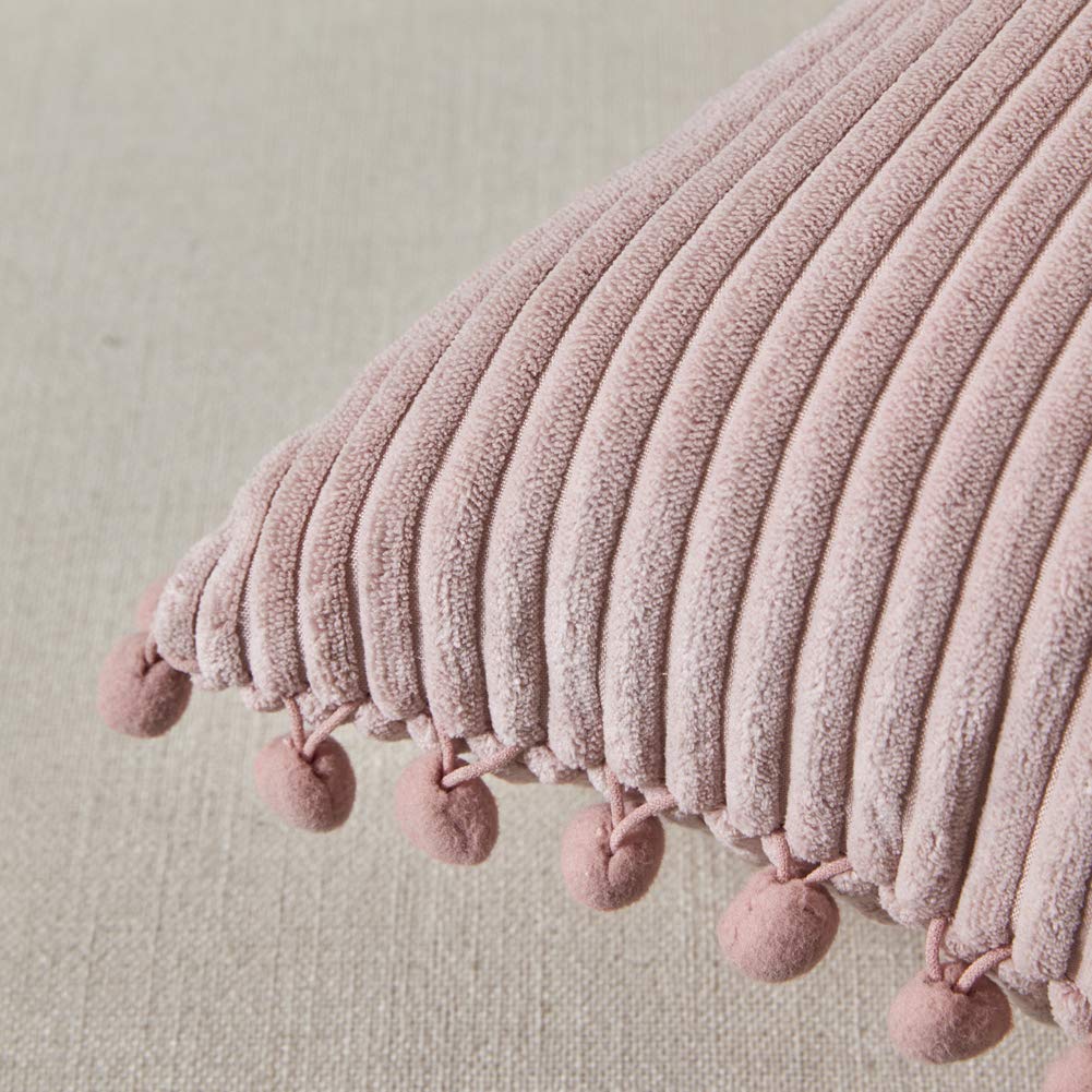 Fancy Homi Pack Of 2 Boho Rectangle Decorative Throw Pillow Covers With Pom-Poms, Soft Corduroy Accent Solid Cushion Case Set Fo