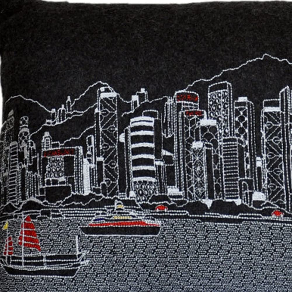 HomeRoots Grey 24' Black Hong Kong Nighttime Skyline Lumbar Decorative Pillow