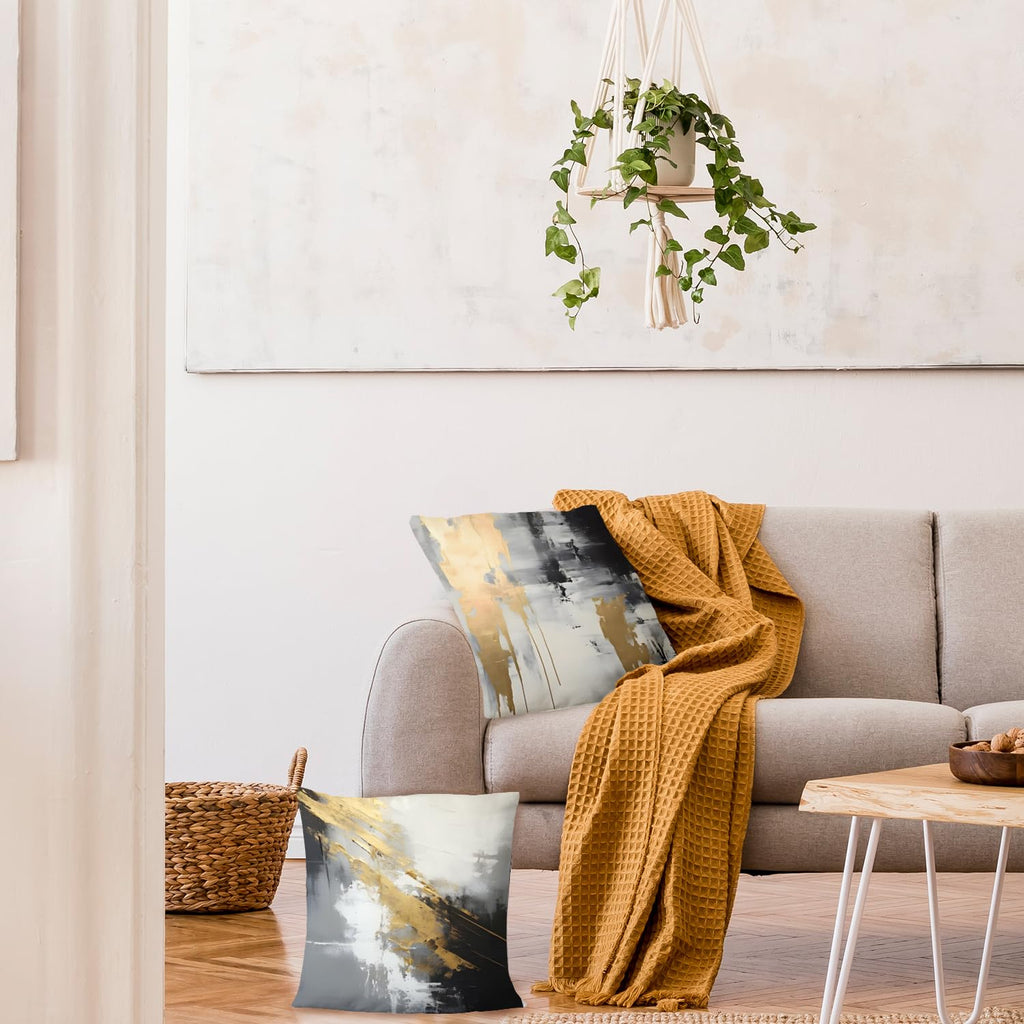 Supwhd Black And Gold Pillow Covers, Abstract White Black And Gold Pillow Covers 24X24 Set Of 2, Modern Black And White Pillow C