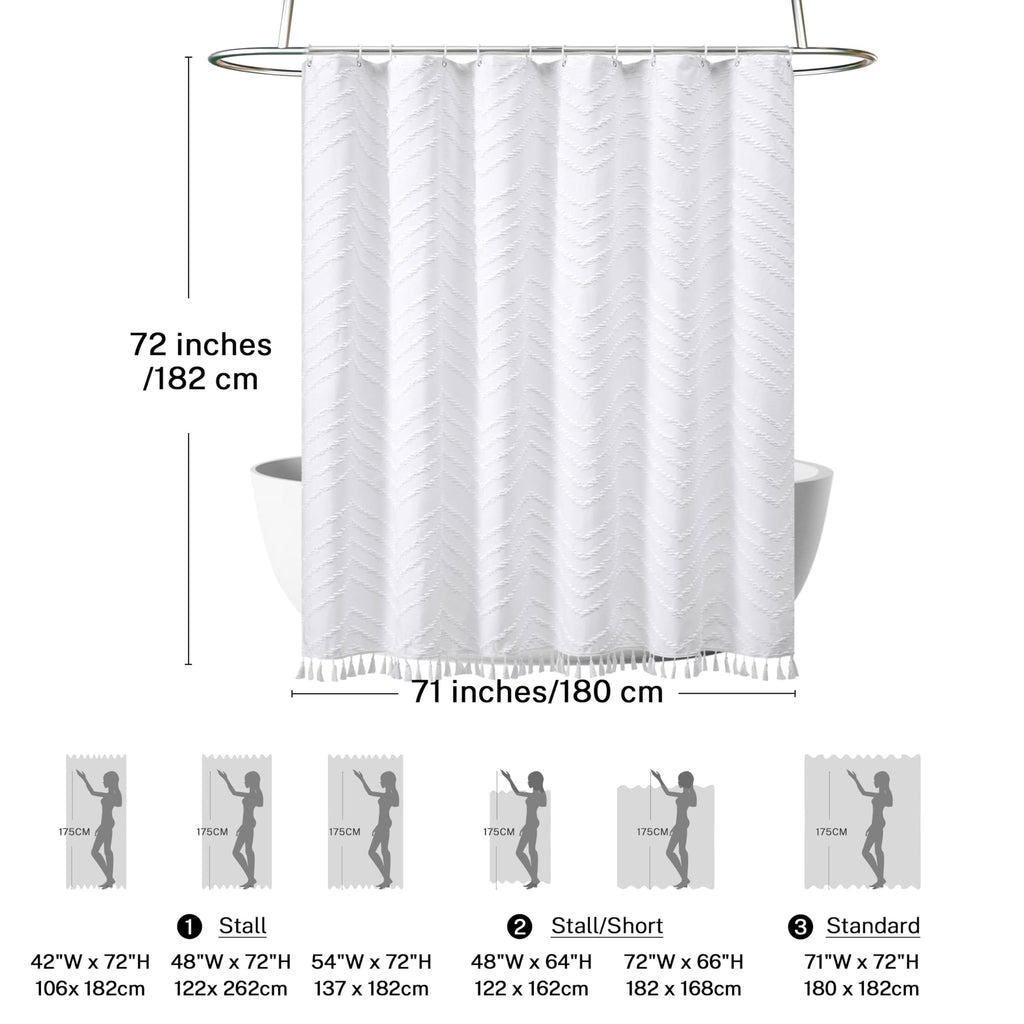 Boho Shower Curtain White Tassel Woven Fabric Shower Curtain 71 X 72 Modern Farmhouse Textured Tufted Chevron Striped Minimalist