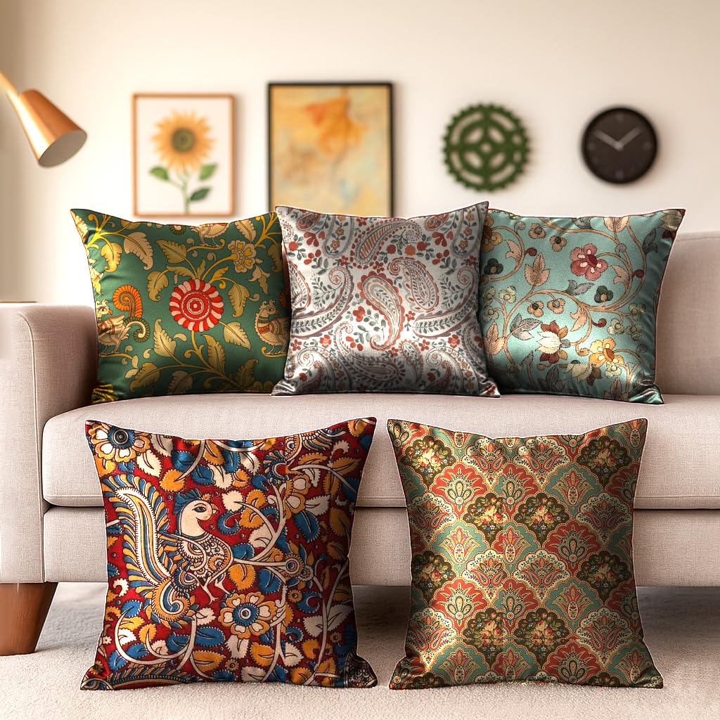 Blacksmith Kalamkari Print Cushion Cover With Back Zipper  Fade Resistant Print  20 Inches X 20 Inches, Pack Of 5 Cushion Cove