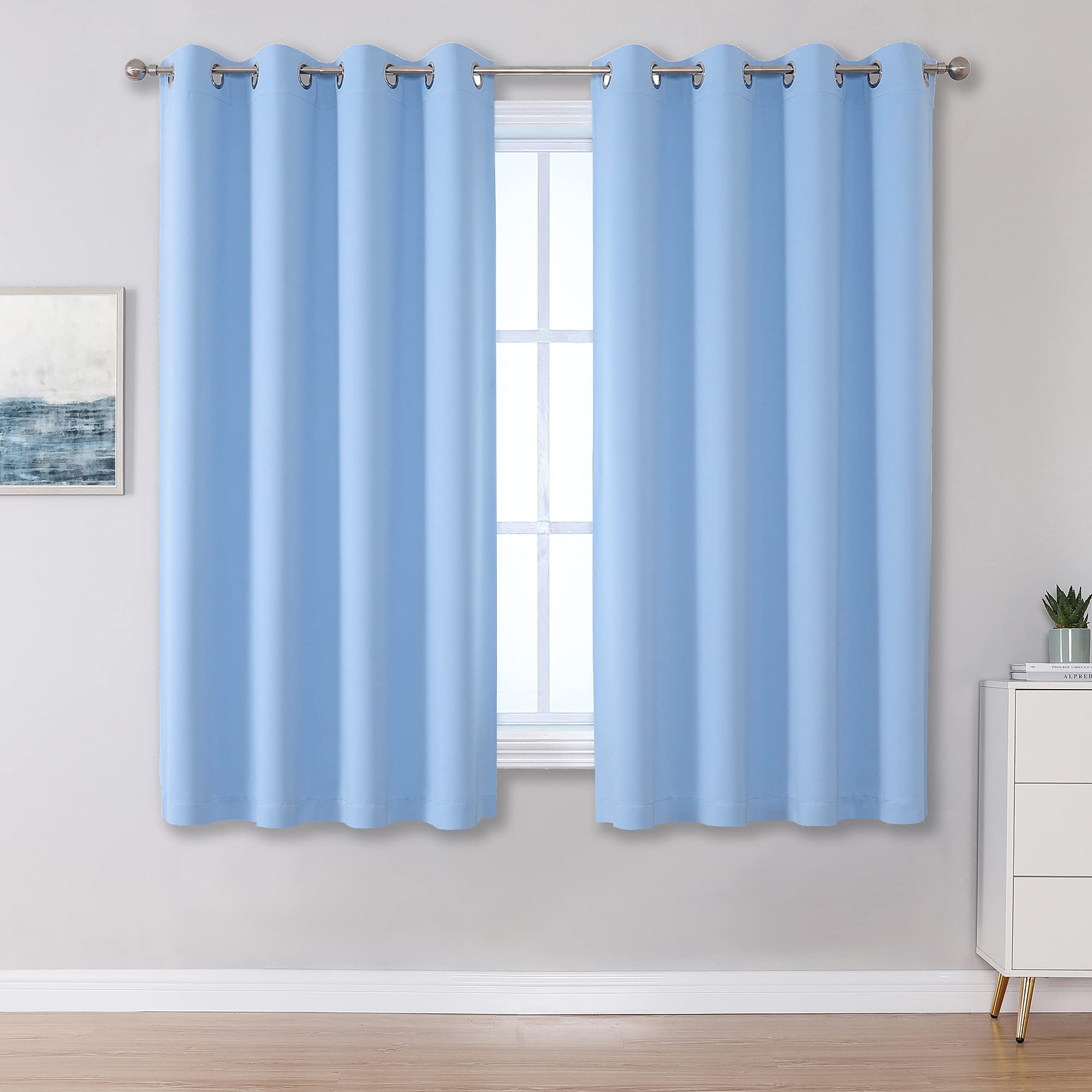 Dualife Light Blue Blackout Curtains 45 Inch Length For Boy Cerulean Solid Grommet Thermal Insulated Room Darkening Bedroom Curt