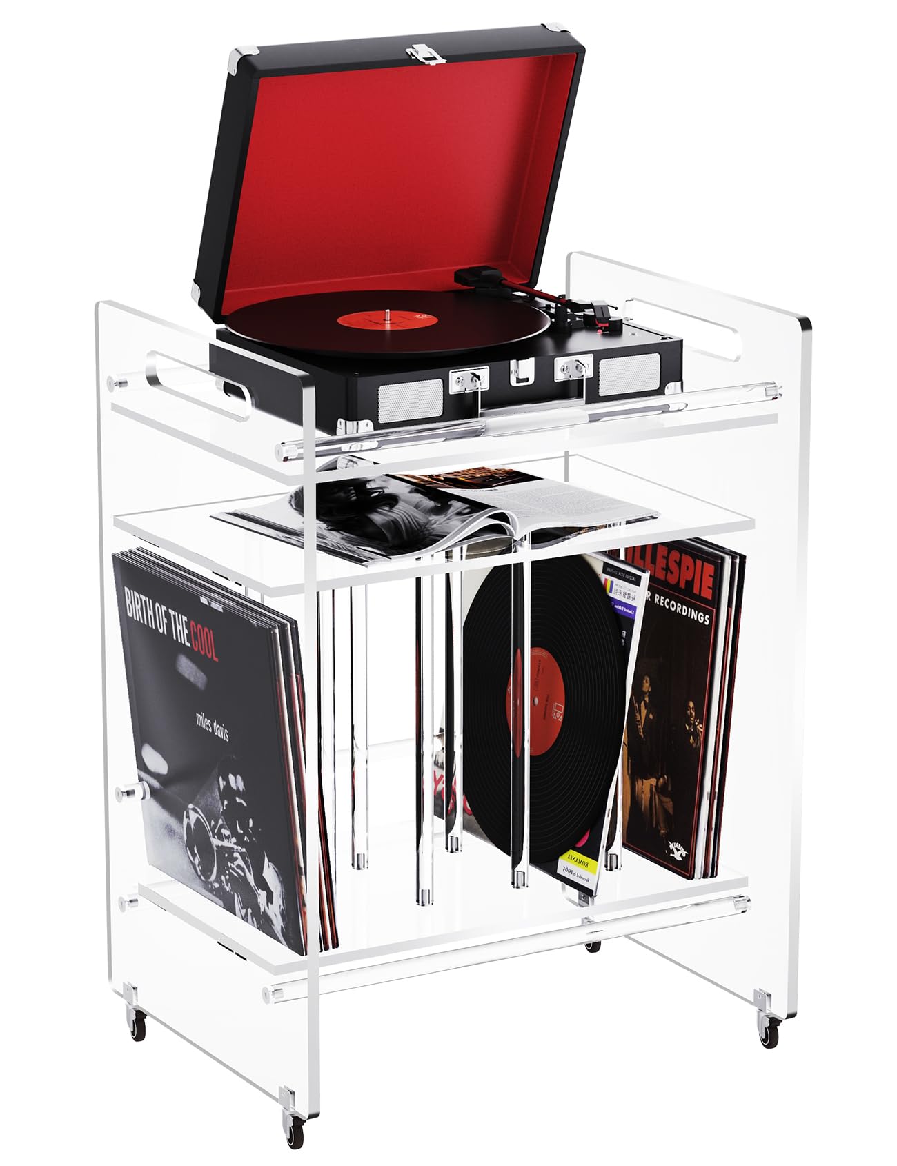 Acrylic Record Player Stand with Storage Shelf, Clear Vinyl Record Storage Turntable Stand, 3 Tier Side Table with Wheels (Clear