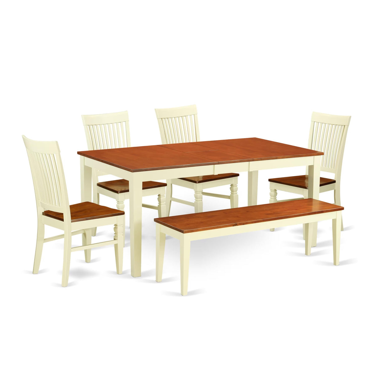 East West Furniture Niwe6-Bmk-W 6 Piece Kitchen Table Set Contains A Rectangle Dining Table With Butterfly Leaf And 4 Dining Chairs With A Bench, 36X66 Inch, Buttermilk & Cherry