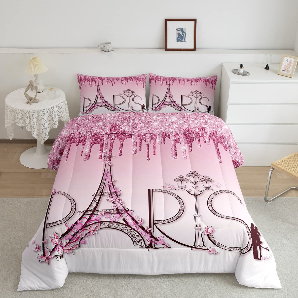 Eiffel Tower Comforter Set Queen Size,Pink Shimmer Floral Dreamy Down Comforter For Girls Boys Adults Couple Bedroom Decor,Famou