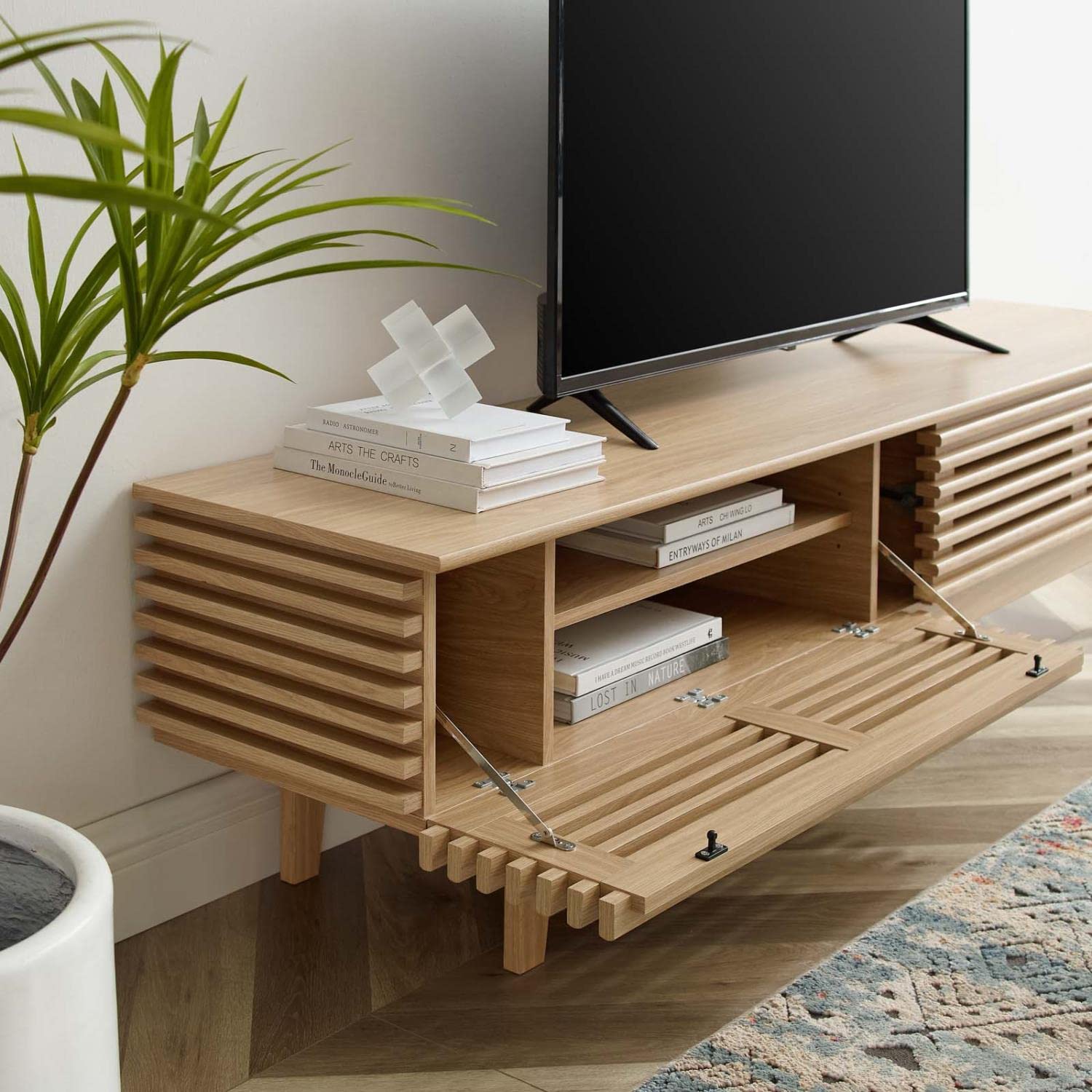 Modway Render Mid-Century Modern Low Profile 71 Inch TV Stand in Oak, 71"