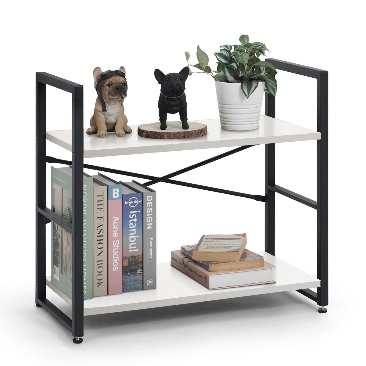 Caphaus 2 Tier Small Bookshelf, 24 Inch Width Free Standing Shelf, Bookcase Shelf Storage Organizer, Industrial Book Shelves For Home Office, Living Room, White Shelves & Metal Frame