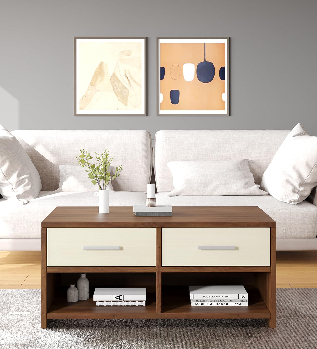 Dcanape Engineered Wood Coffee Table With 2 Drawers & 2 Open Shelves | Wooden Center Tea Table Teapoy For Living Room, Dining Ro