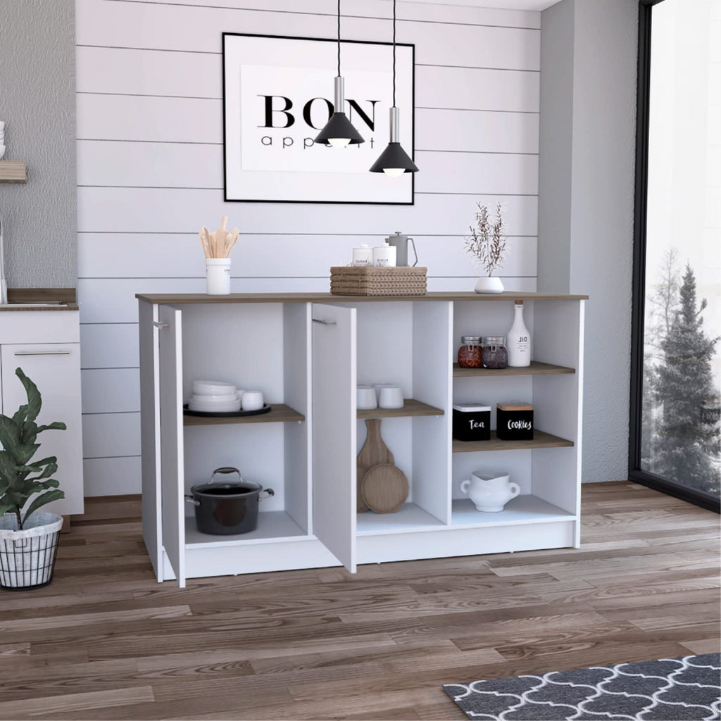 DEPOT E-SHOP Mars Kitchen Island with Two Cabinets and Three Open Shelves, White/Dark Brown - Kitchen