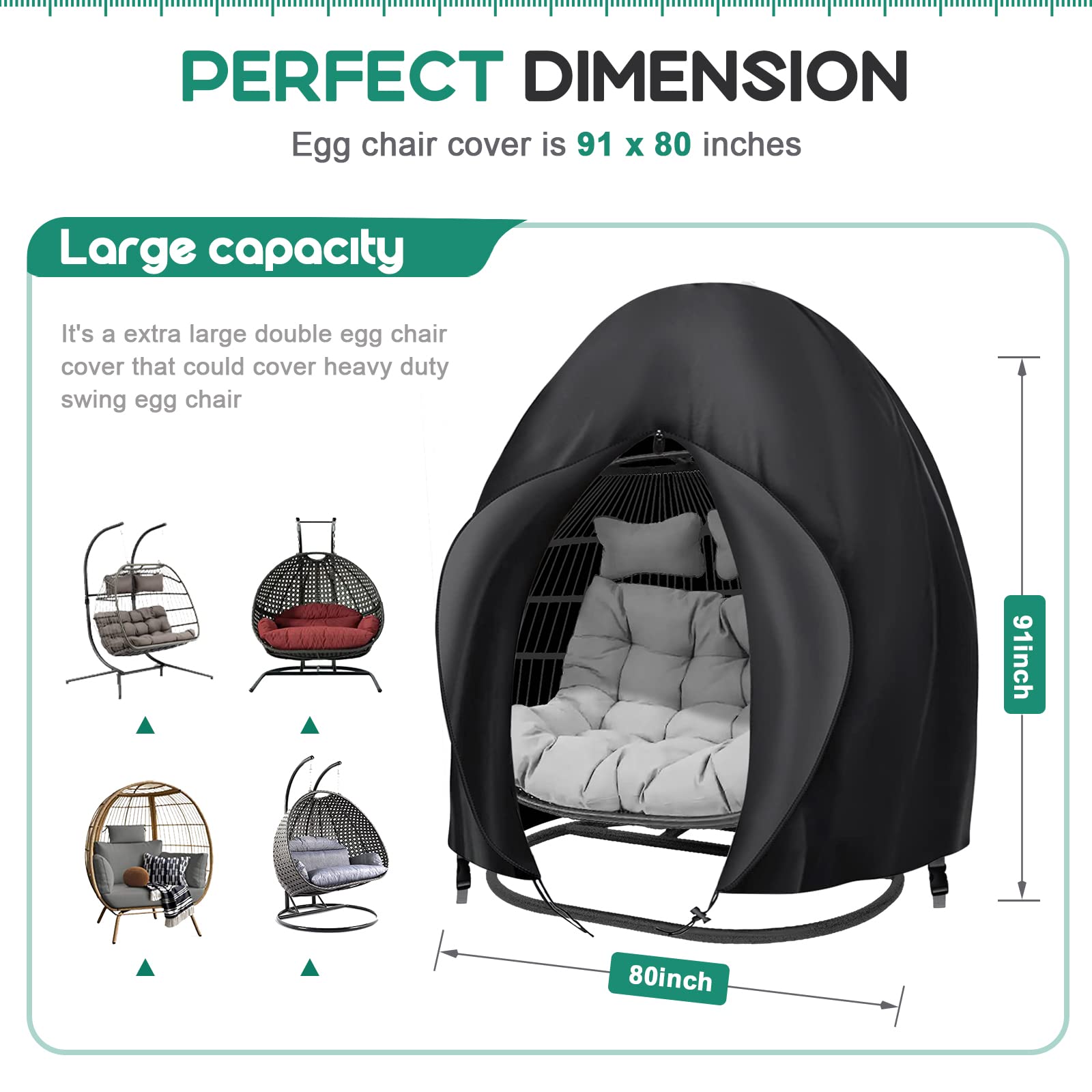 Boyspringg Patio Egg Chair Cover, 91X80 Inches, Extra Large Double Egg Chair Cover For Outdoor Furniture, Heavy Duty Swing Hanging Egg Chair Cover Waterproof, Anti-Uv, Dust-Proof(Black)