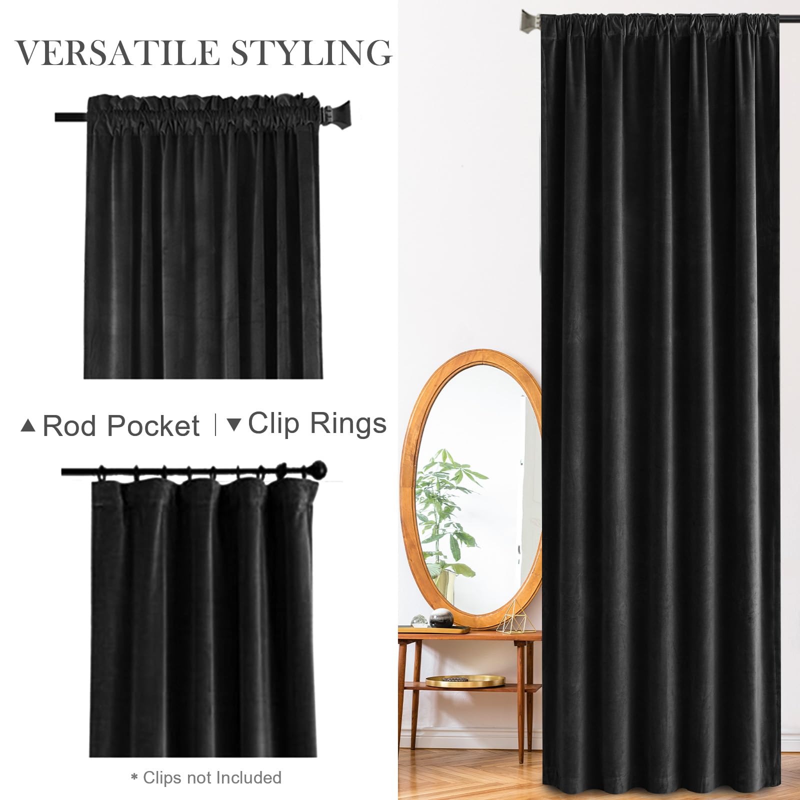 Lazzzy Velvet Black Curtains 72 Inches Long Thermal Insulated Drapes For Bedroom Living Room Darkening Window Treatments Rod Pocket 2 Panels