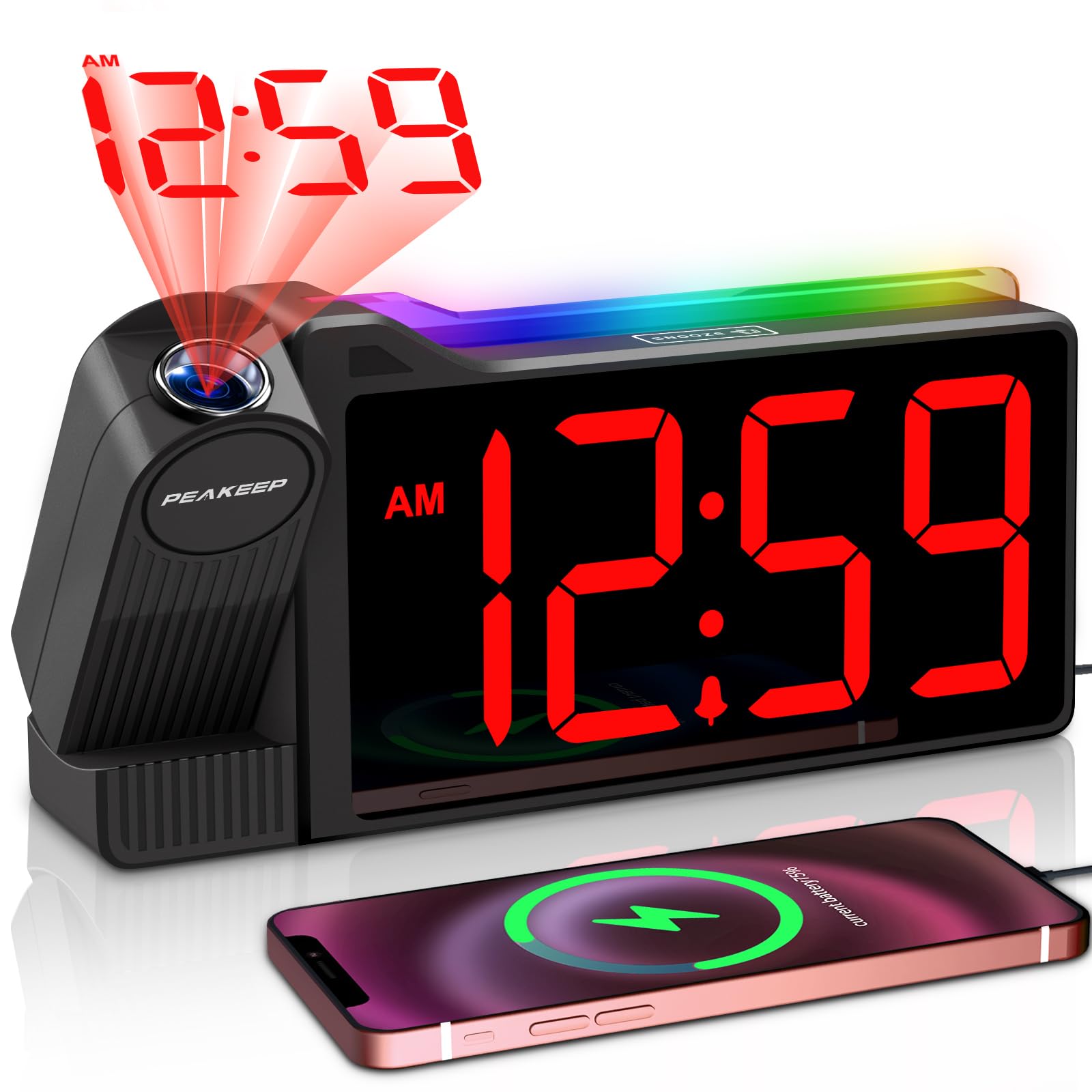 Peakeep Digital Clock, Nightlight Projection Alarm Clock for Bedroom Ceiling, LED Plug in Electric Bedside Clock USB Charger, Ba