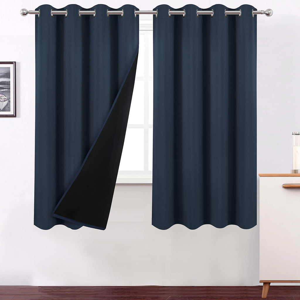 LEMOMO 100% Blackout Navy Blue Curtains with Black Lining/52 x 63 Inch/Set of 2 Panels Thermal Insulated Room Darkening Curtains