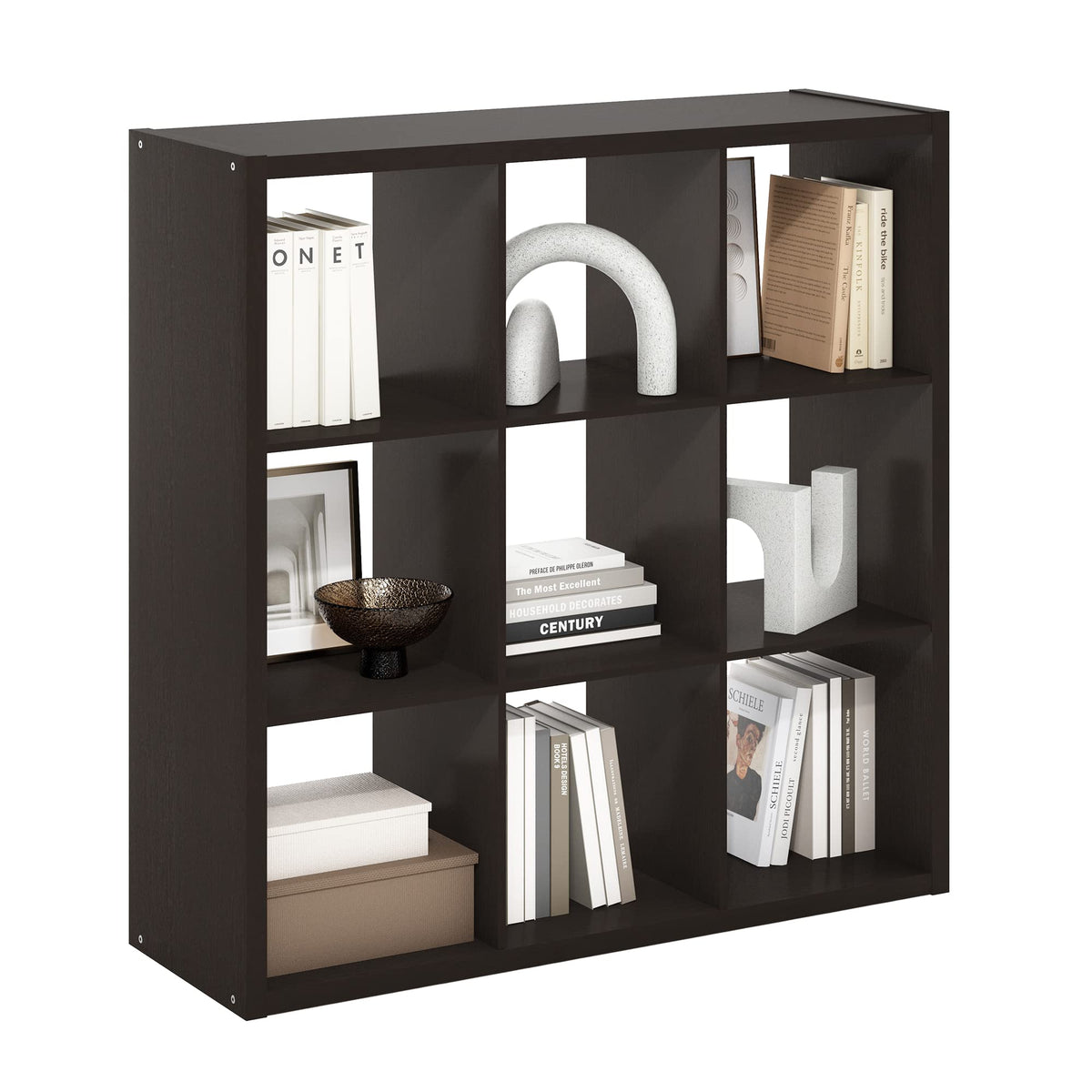 Furinno Cubicle Open Back Decorative Cube Storage Organizer, 9-Cube, Black Dark Oak