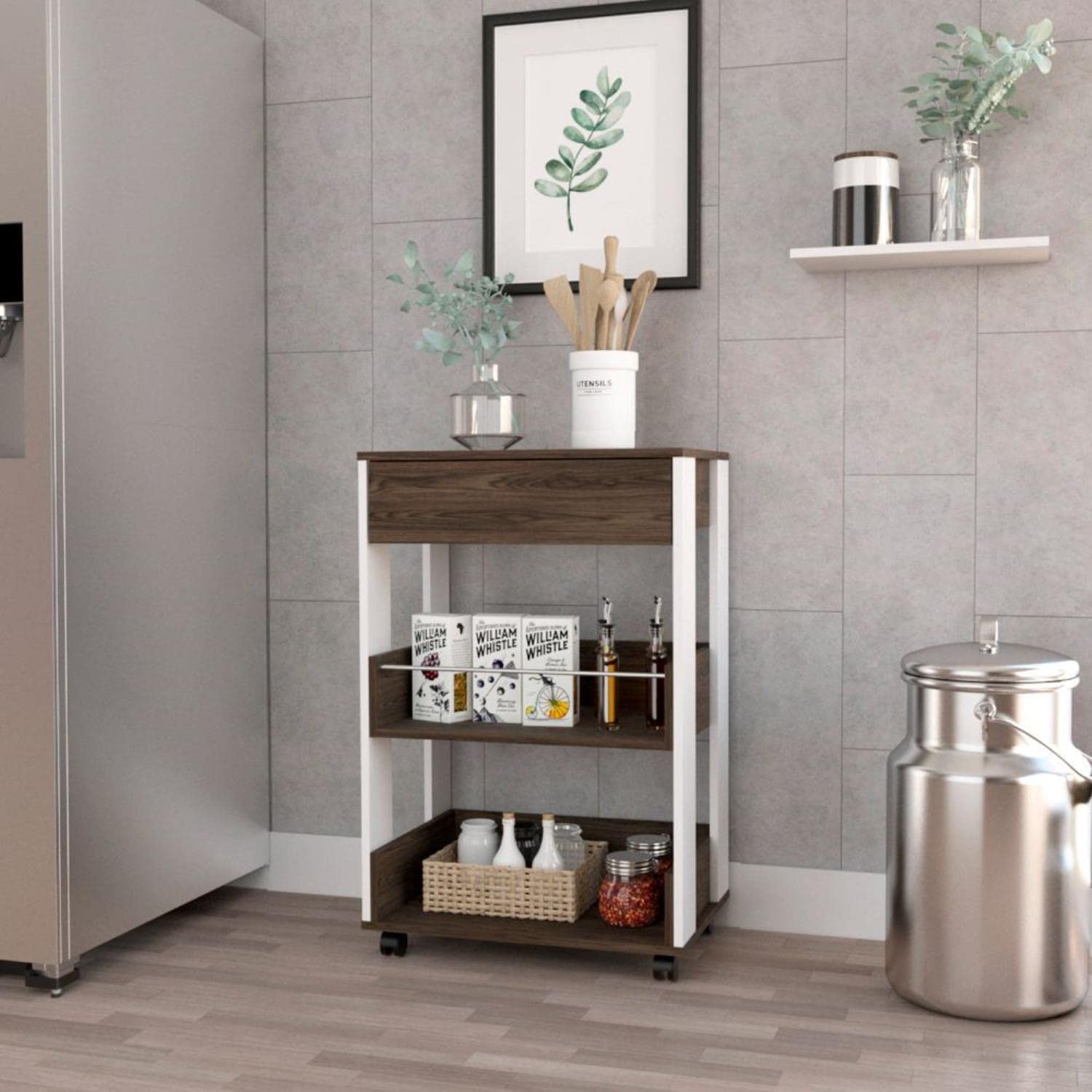 Modern Kitchen Cart 35" H, 4 Casters, 3 Shelves, White/Dark Walnut