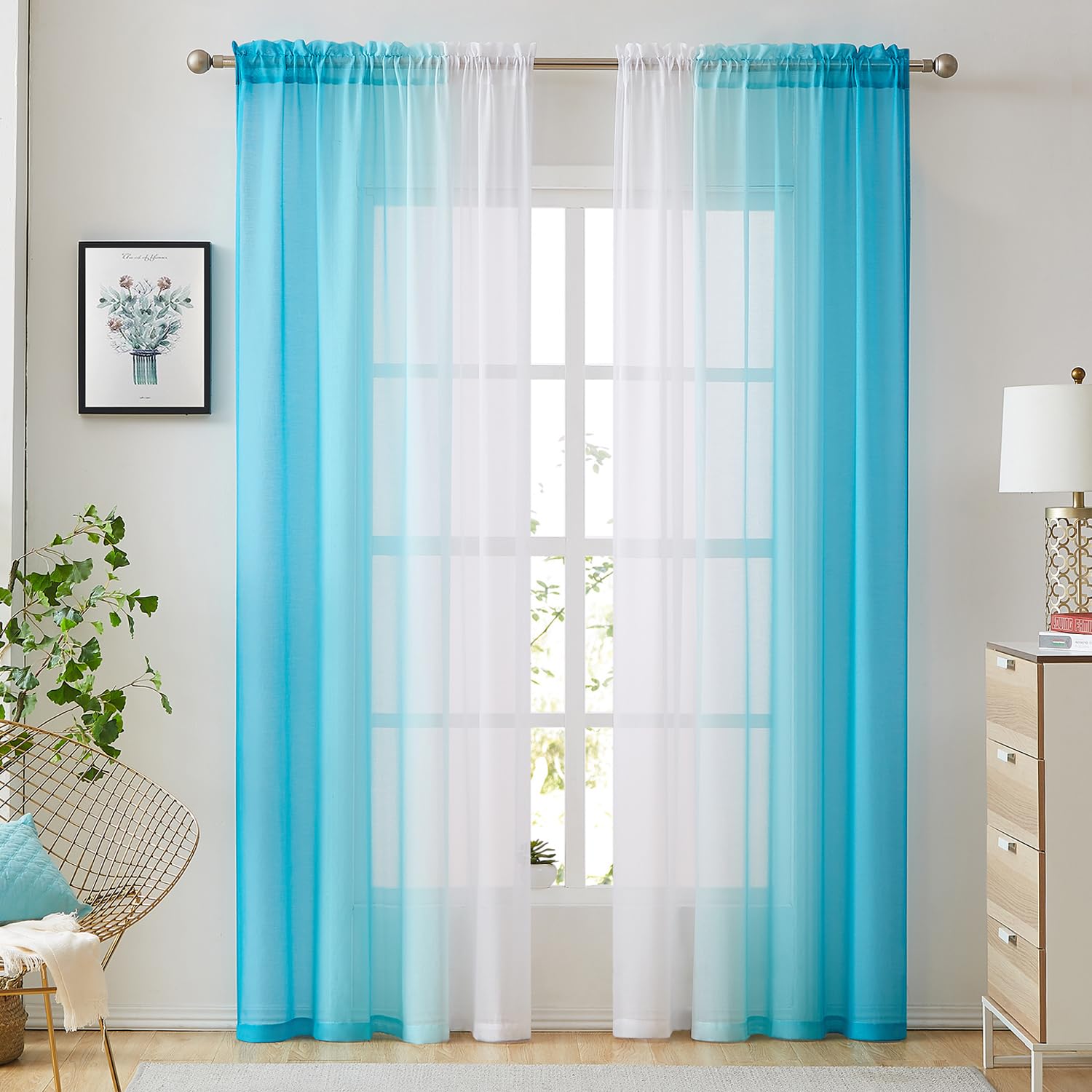 Ombre Faux Linen Sheer Curtains for Bedroom Living Room Rod Pocket , Privacy and Light Filtering, 2 Tone Reversible Gradient Voi