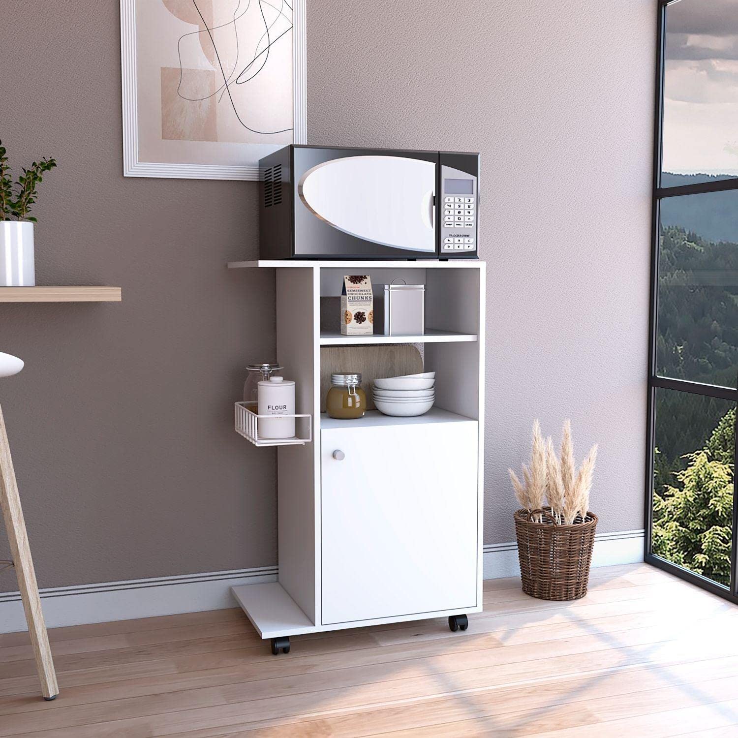 Modern Kitchen Cart 39" H, Single Door Cabinet, 4 Wheels, 1 Side Shelf, White